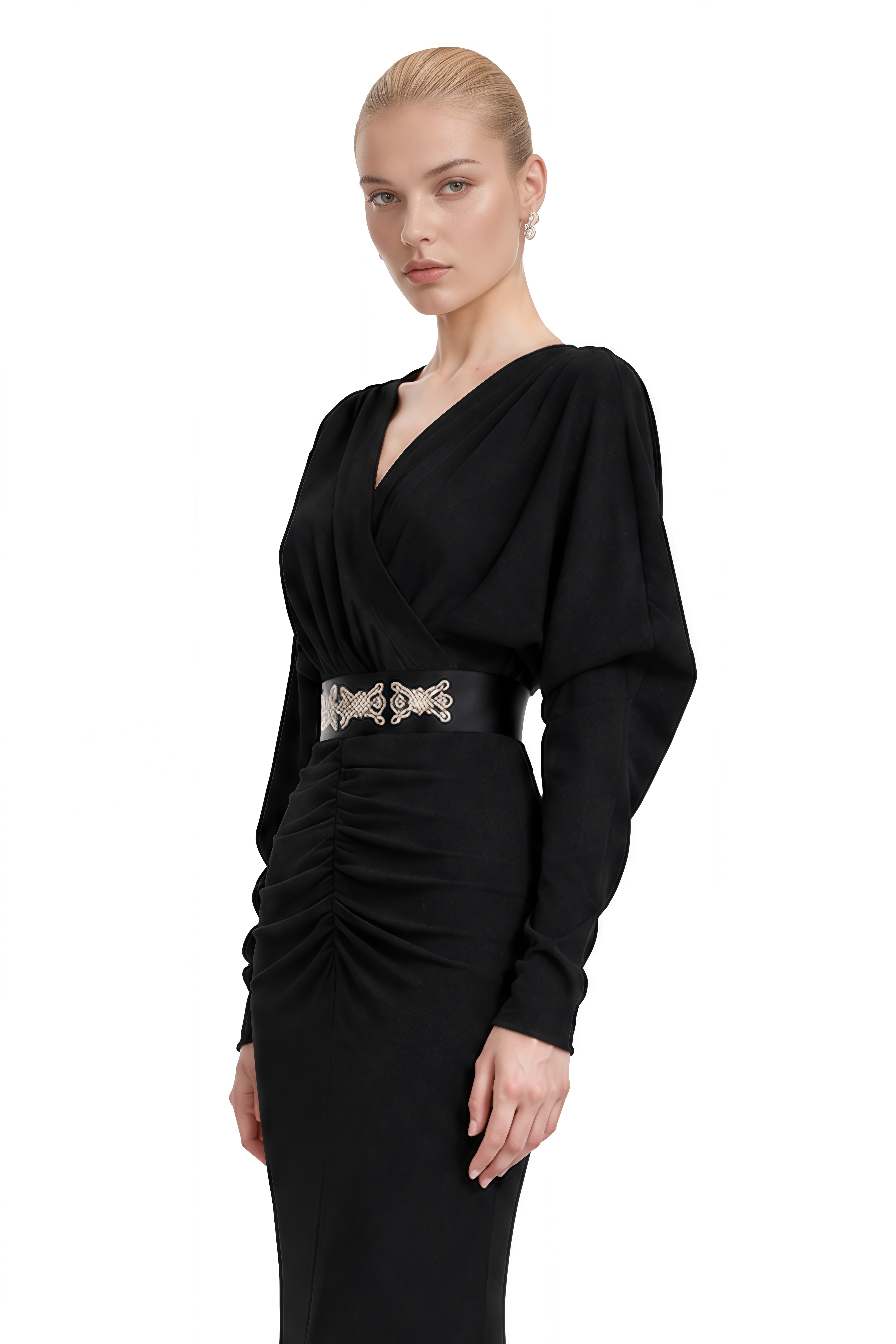 Genevieve Black Long Sleeves Ruched Maxi Dress