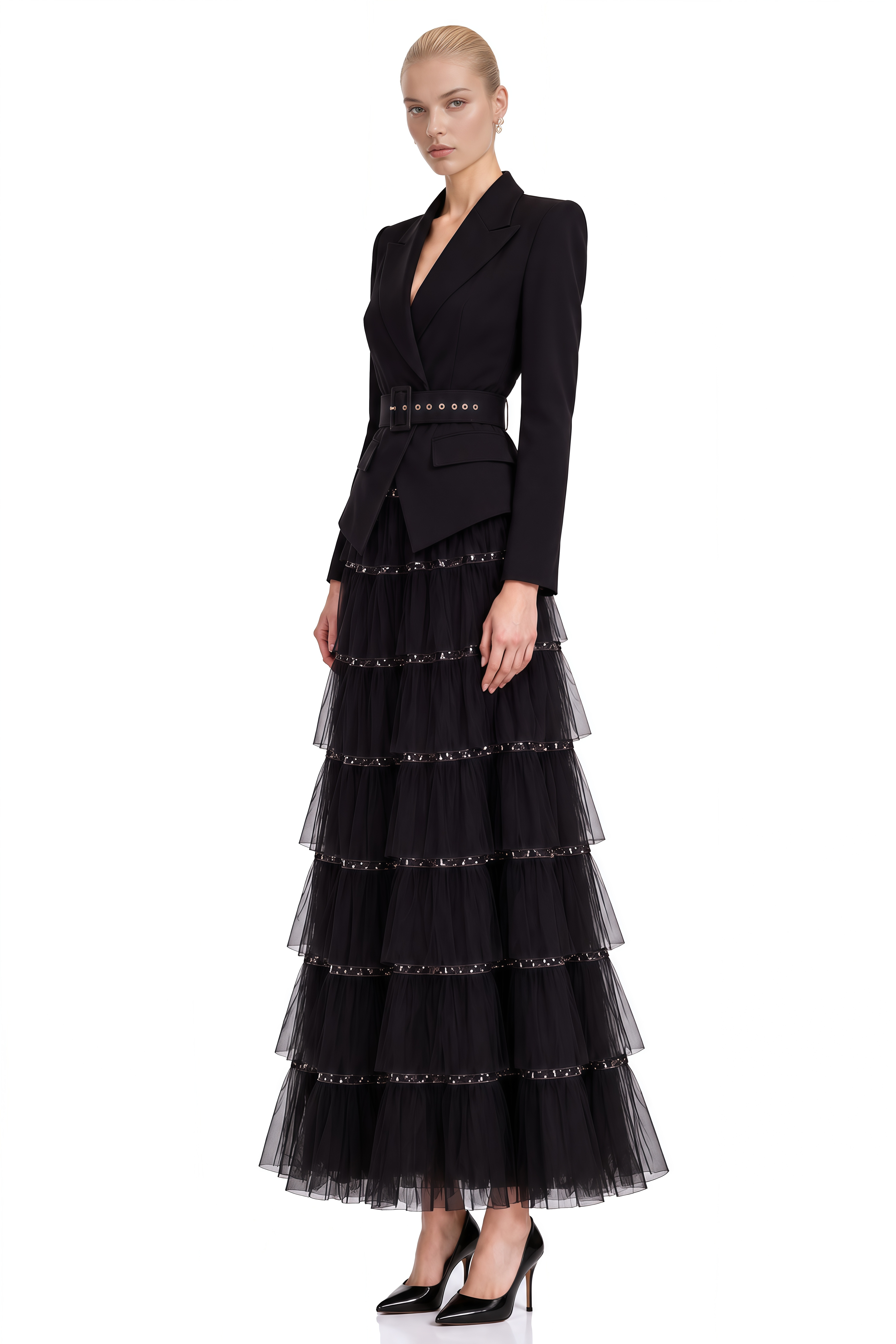 Delphine Black Sequin Belted Maxi Dress