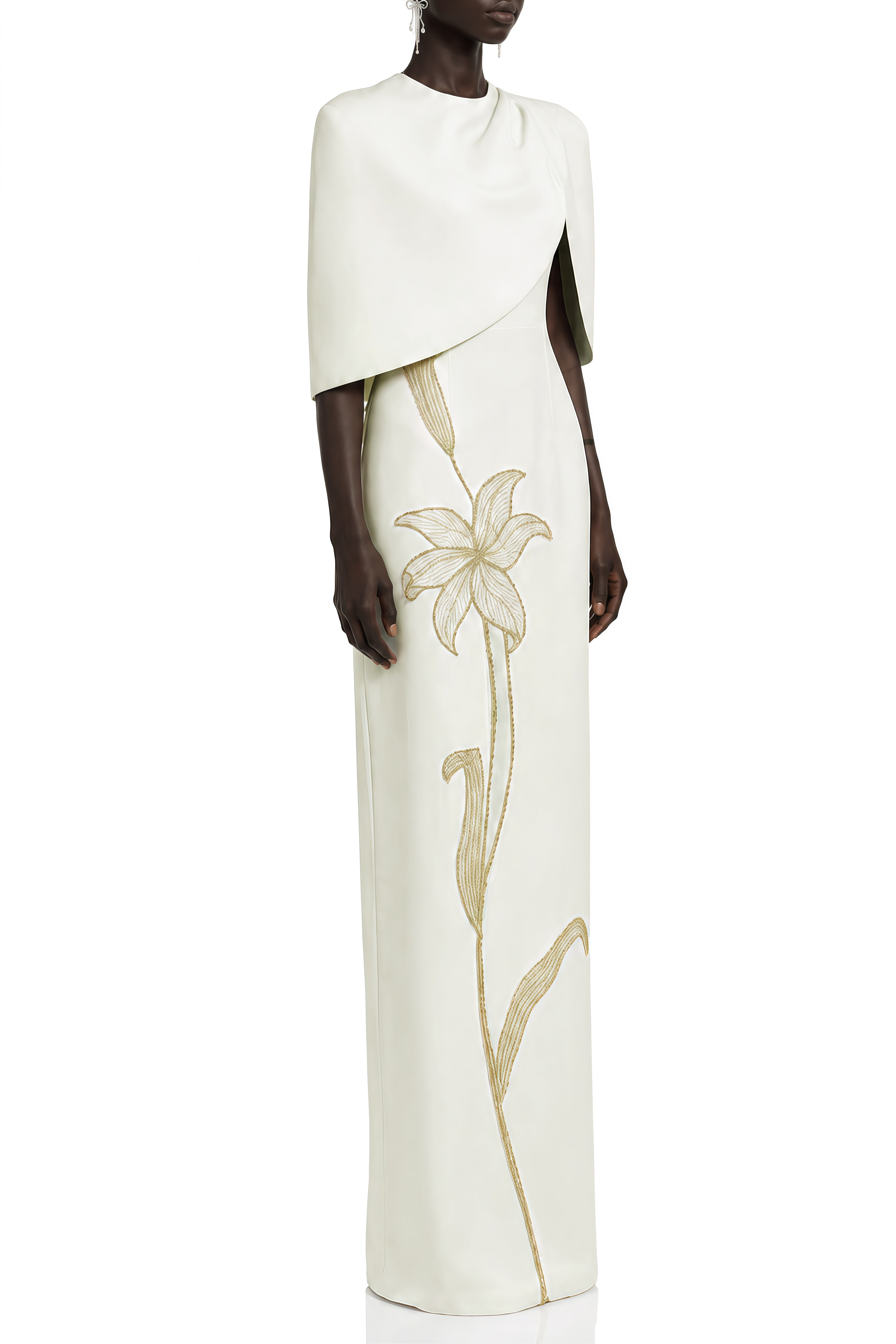 Vienne White Floral Embellished Cape Maxi Dress