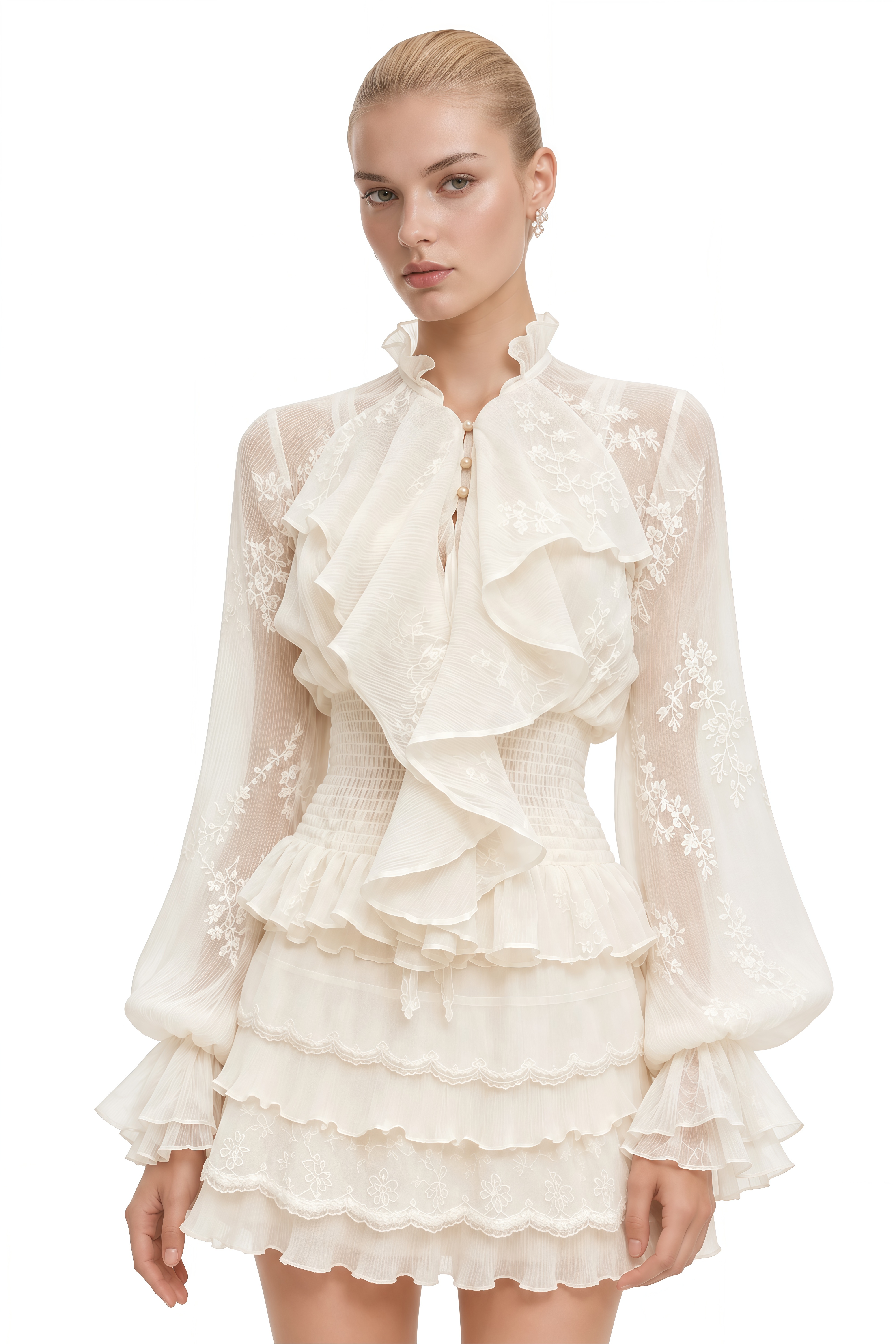 Audrey Neutral Long Sleeves Layered Ruffled Blouse & Skirt Set