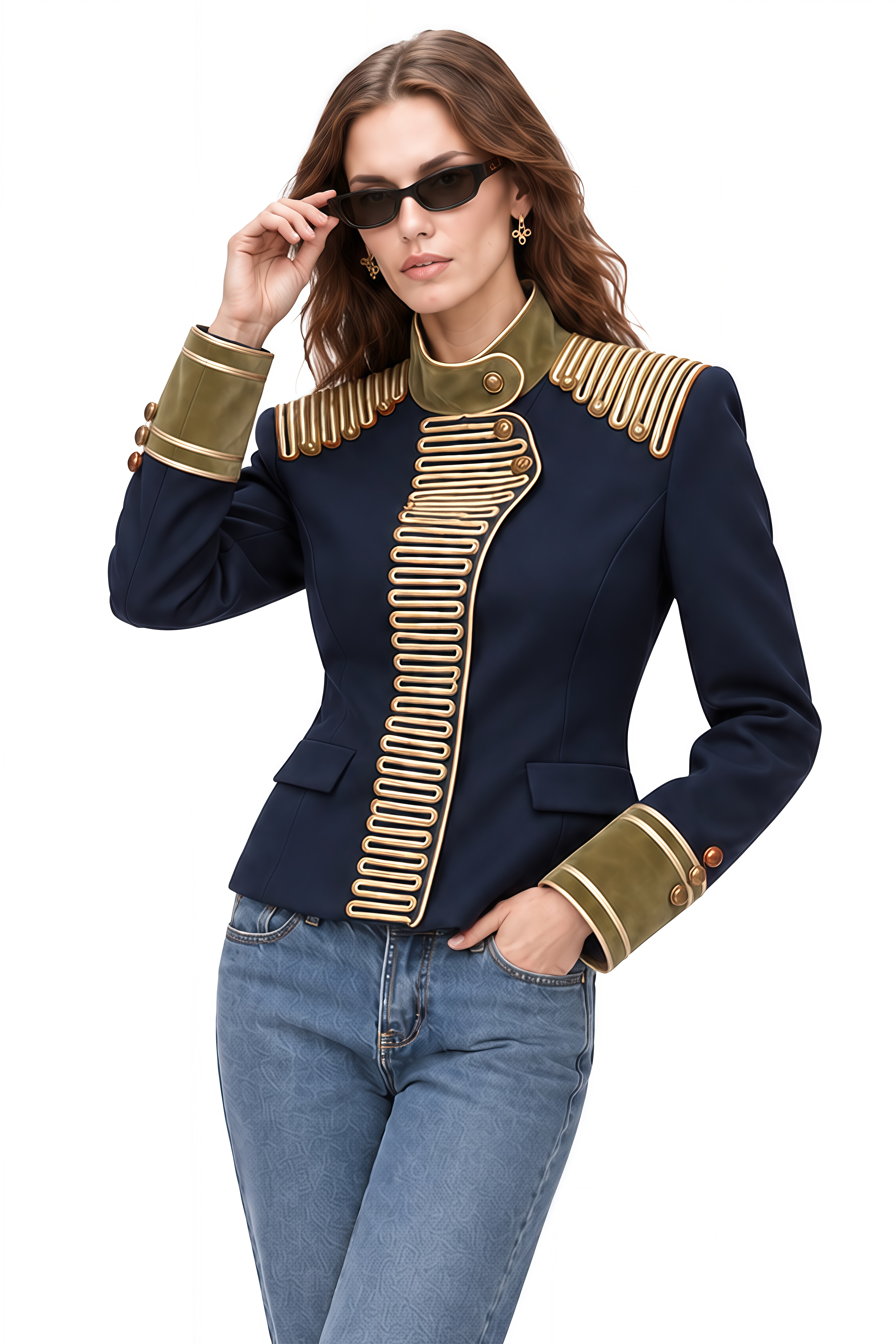 Aurelia Navy Long Sleeves Decorative Coat