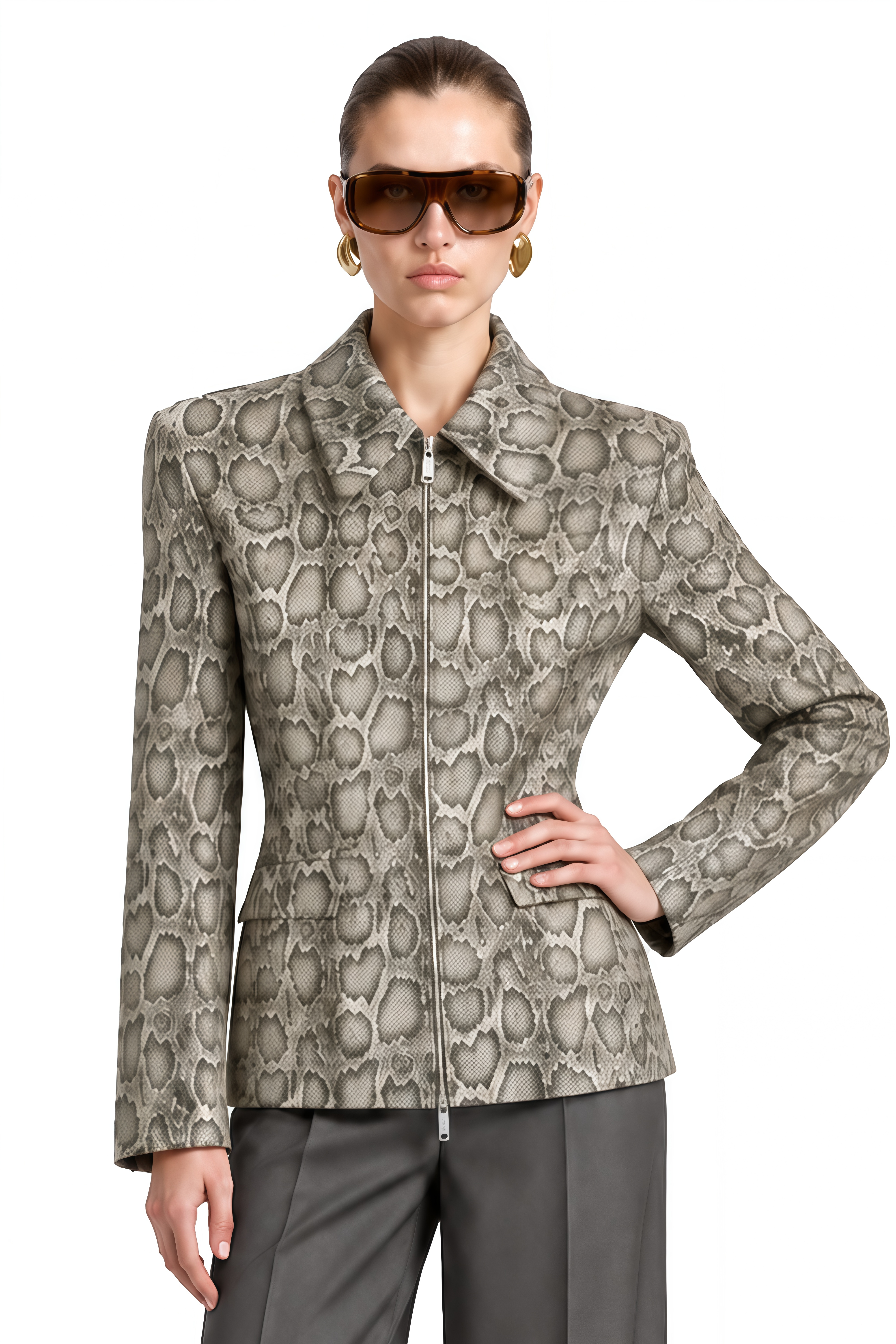 Summer Grey Snakeskin Print Zipped Jacket