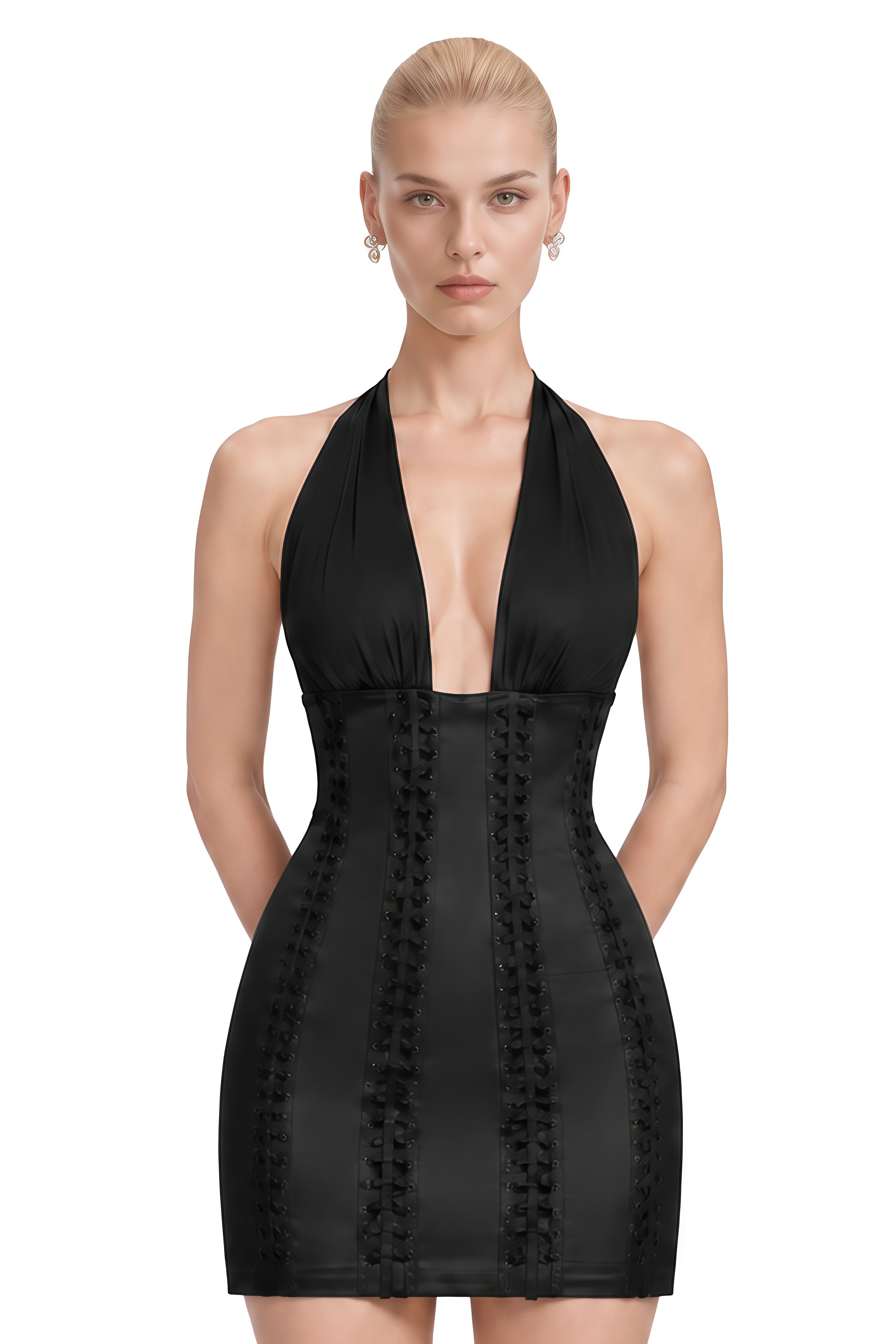 Cleo Black Halterneck Lace-Up Mini Dress