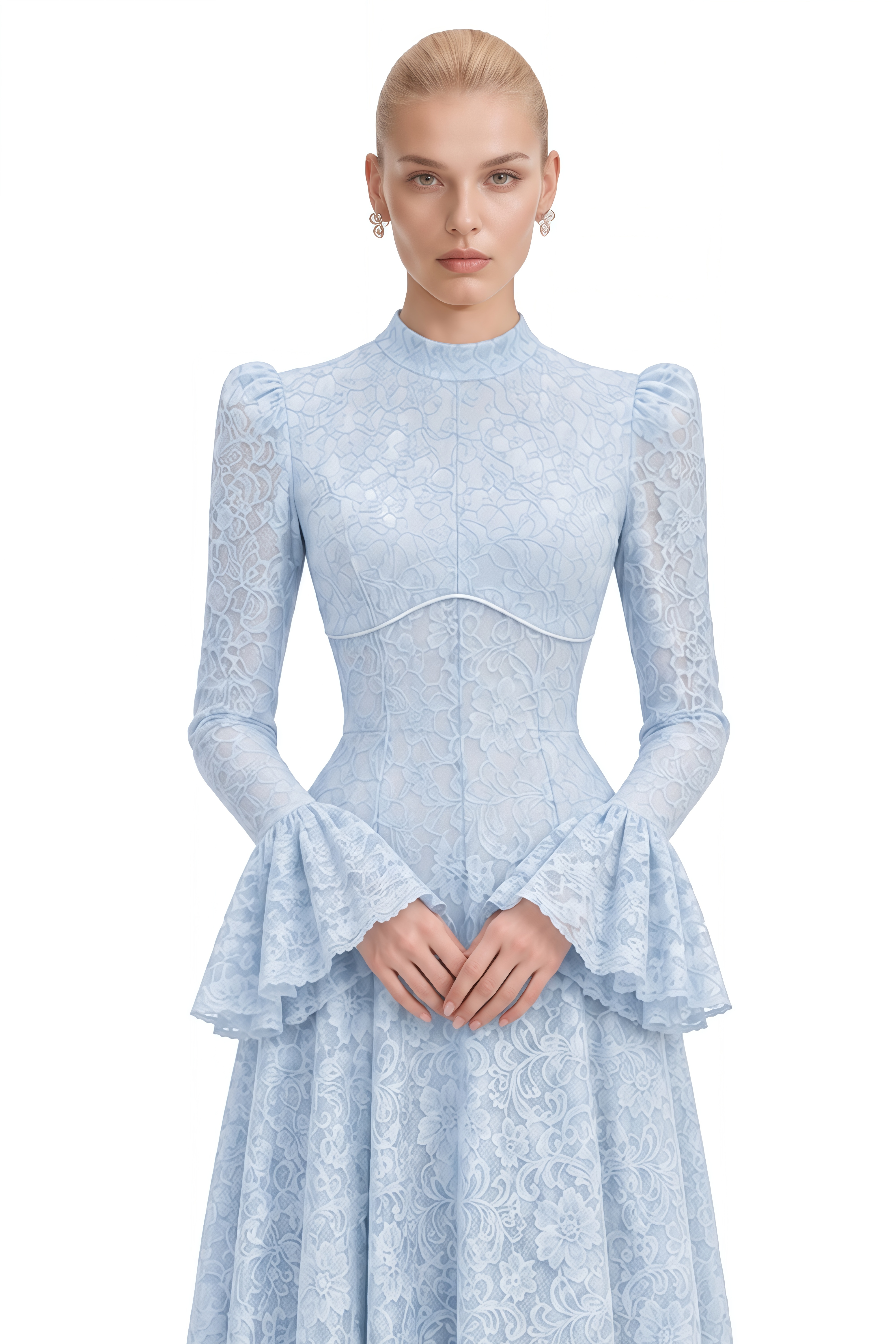 Lola Light Blue Turtleneck Floral Lace Maxi Dress