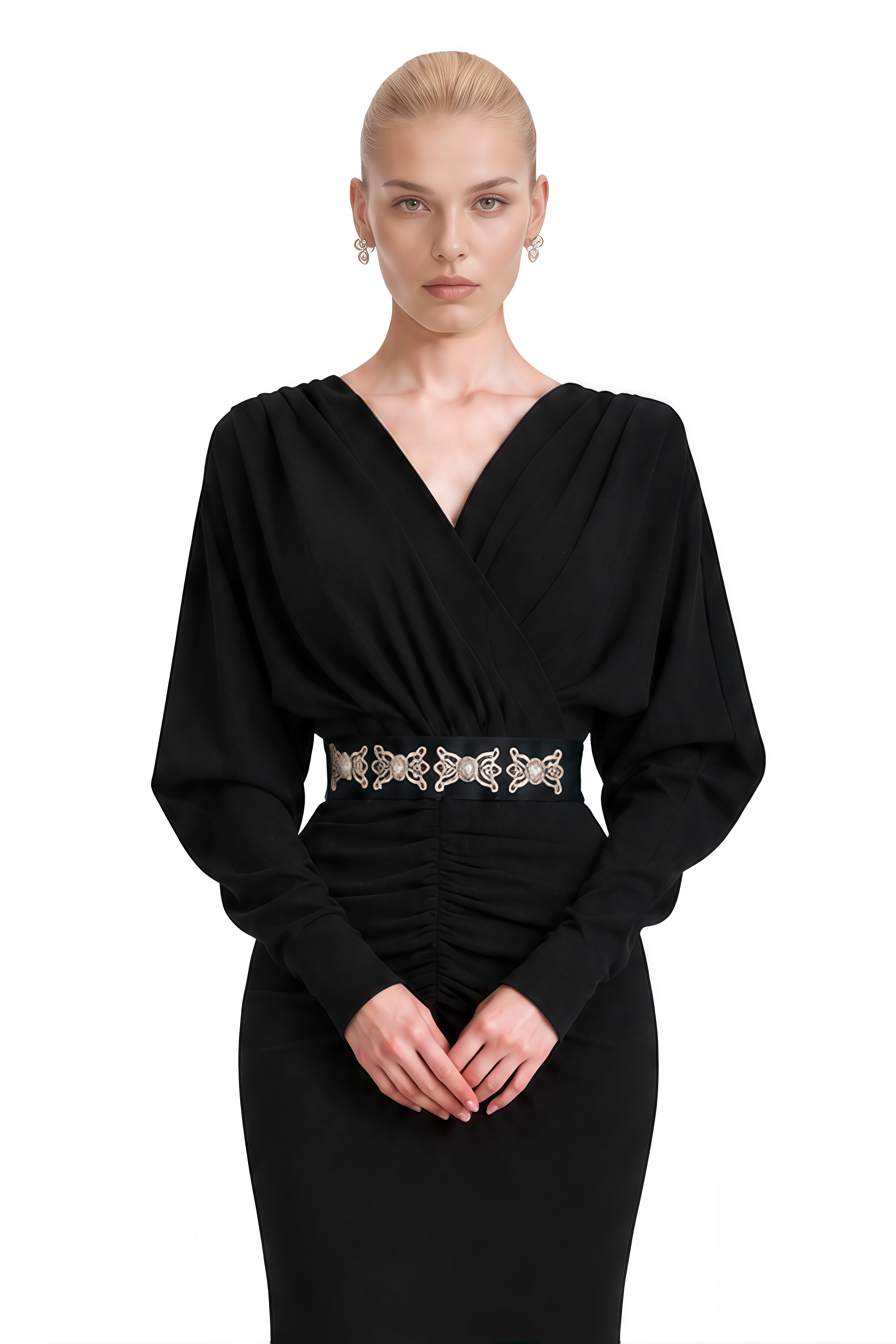 Genevieve Black Long Sleeves Ruched Maxi Dress
