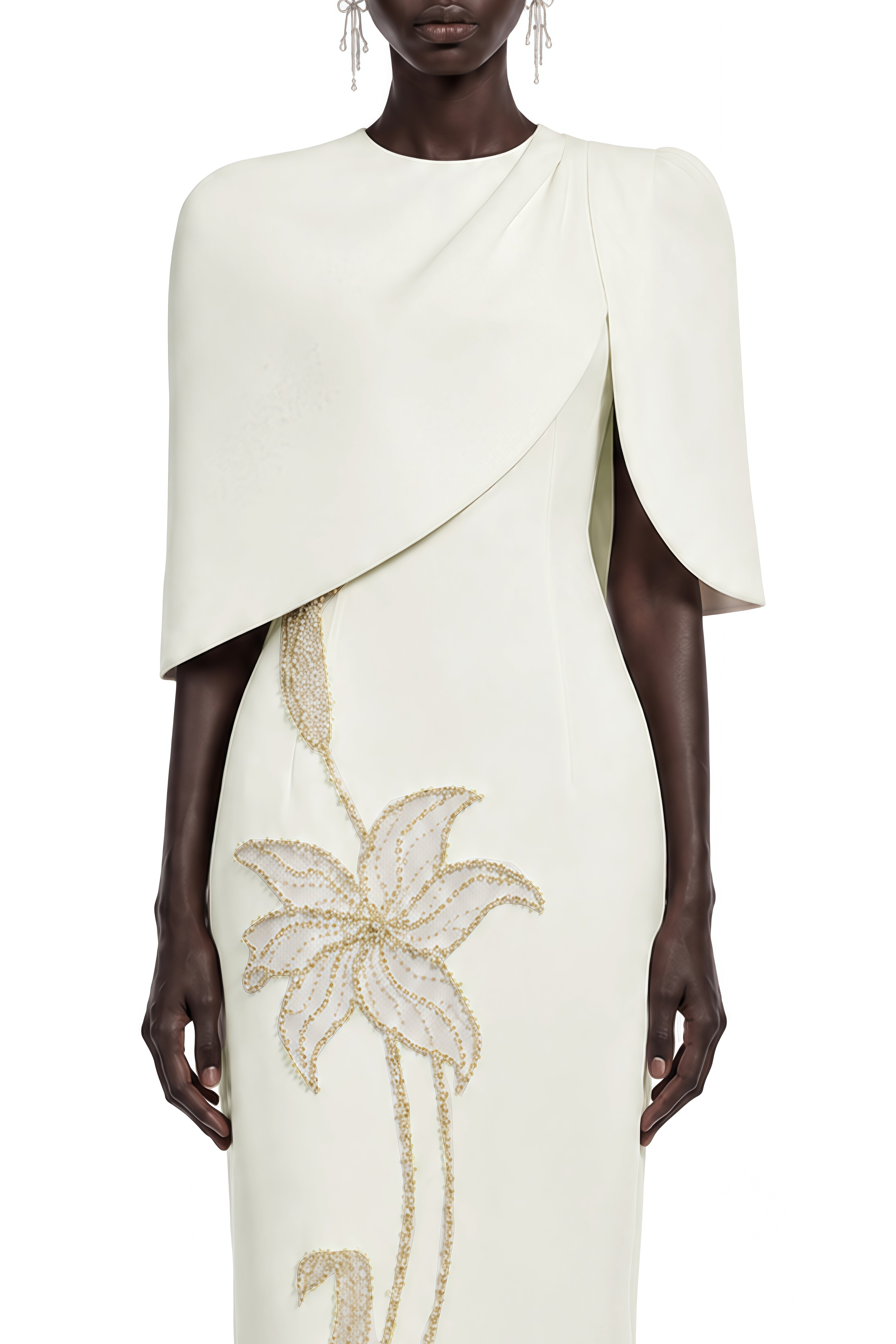 Vienne White Floral Embellished Cape Maxi Dress