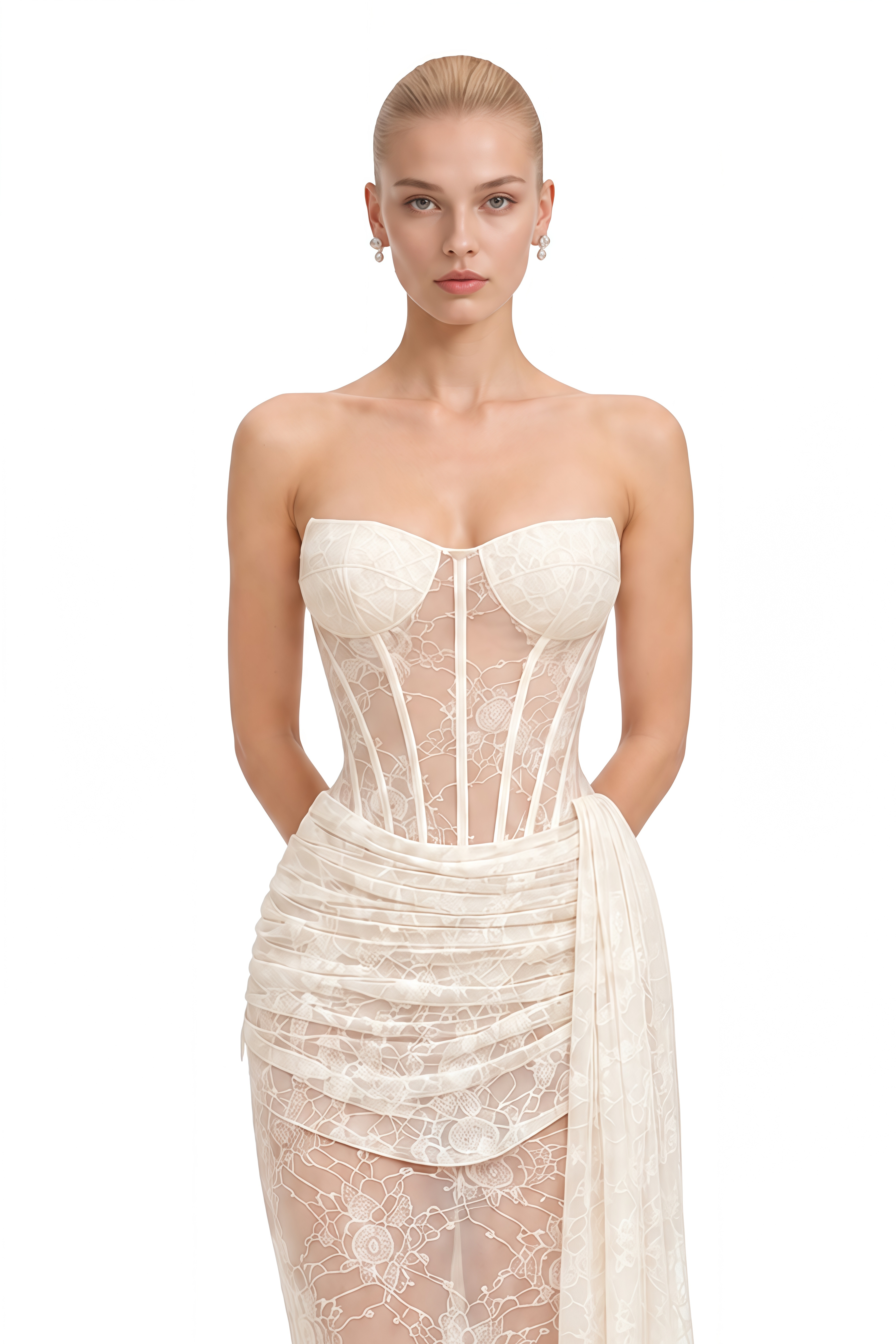 Elodie White Strapless Sheer-Lace Maxi Dress