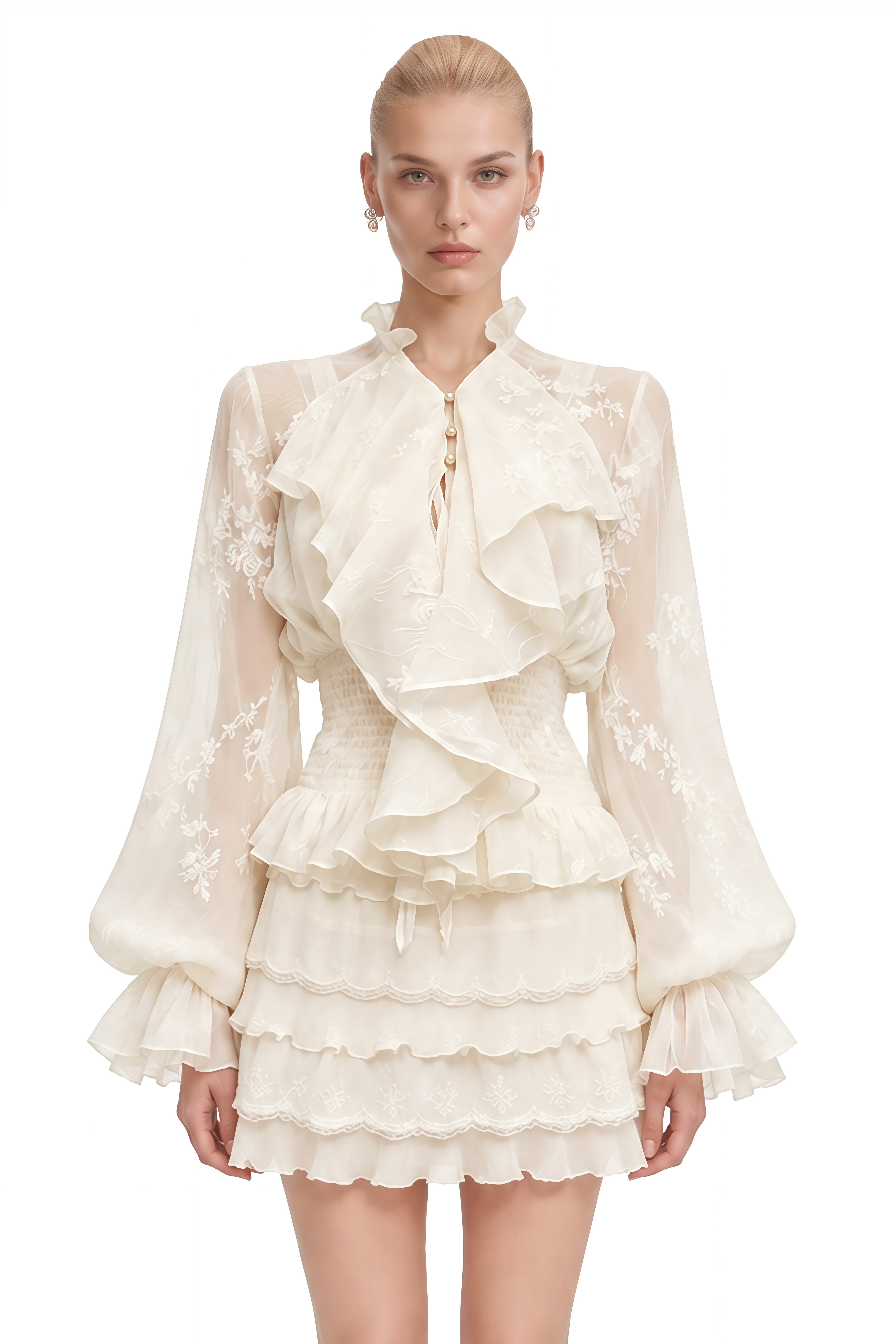 Audrey Neutral Long Sleeves Layered Ruffled Blouse & Skirt Set