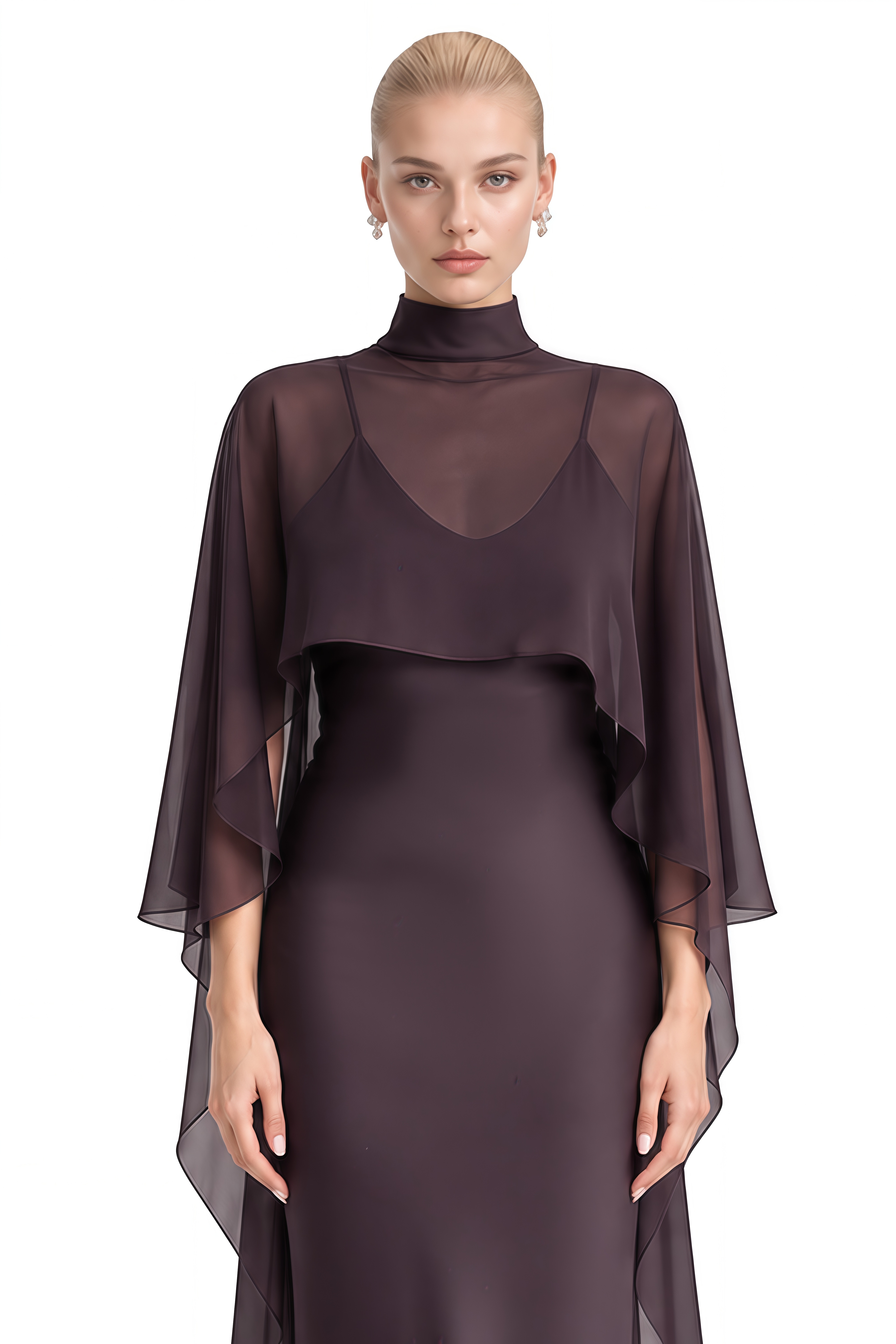 Miranda Chocolate Turtleneck Cape Maxi Dress
