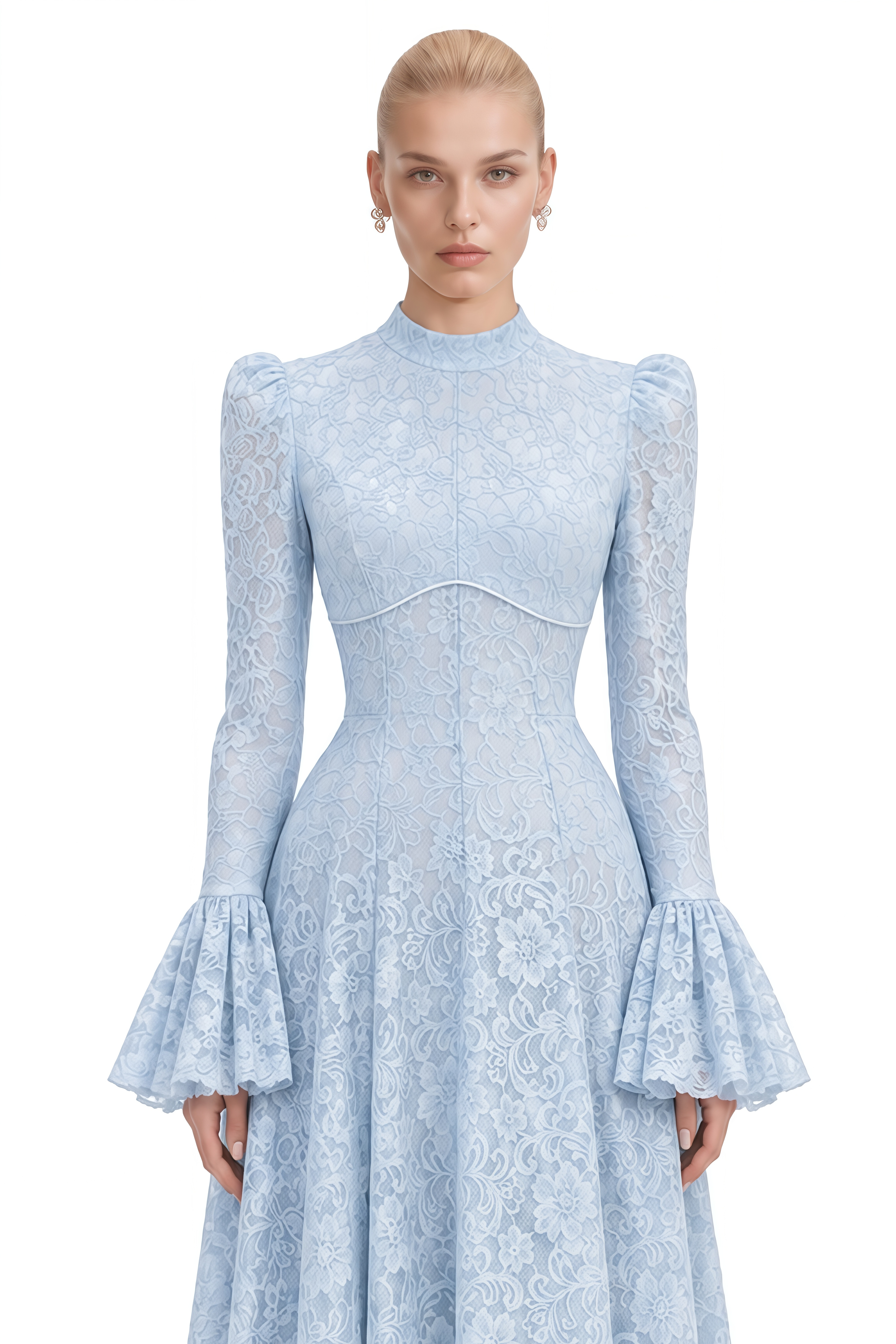 Lola Light Blue Turtleneck Floral Lace Maxi Dress