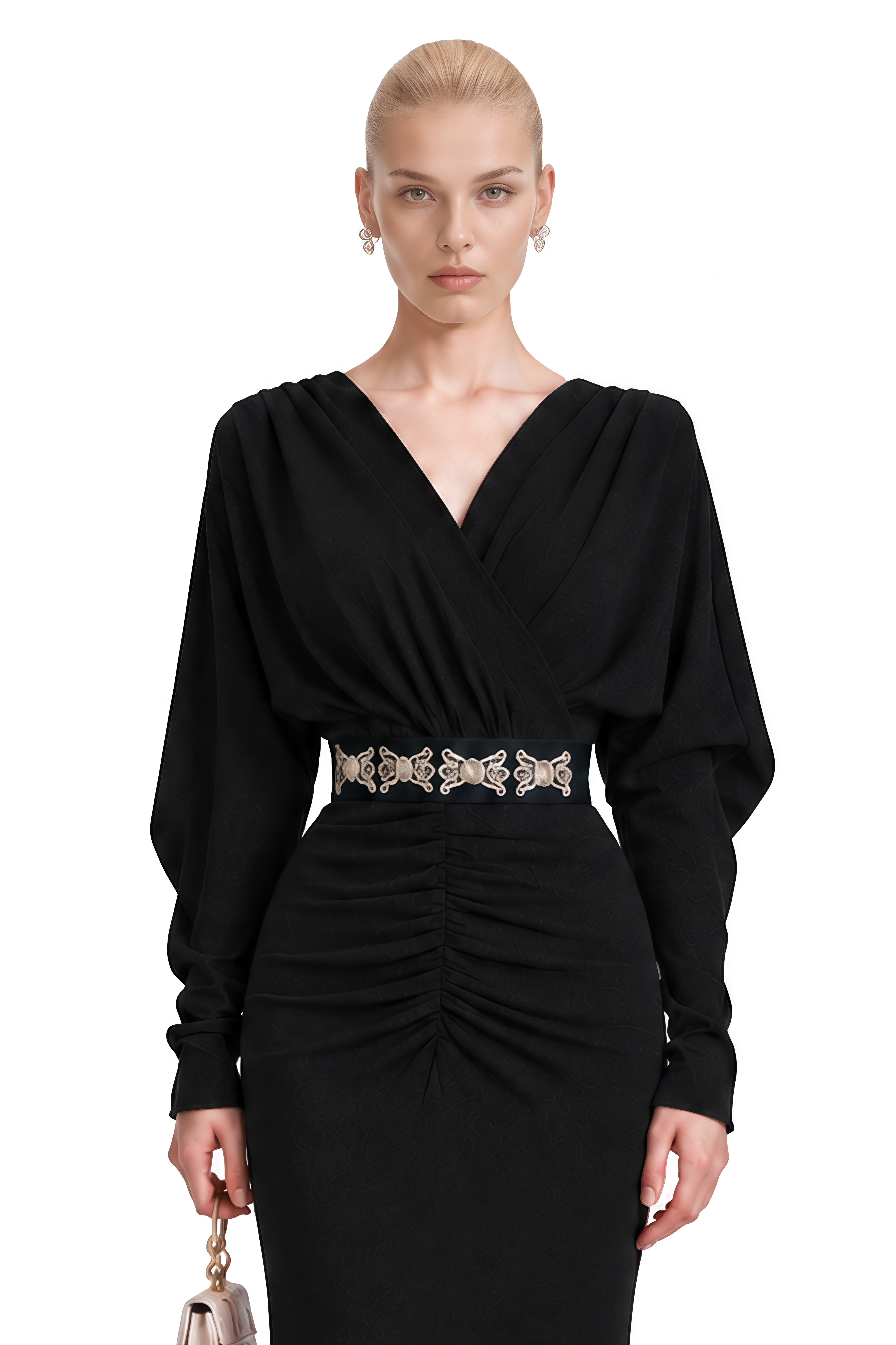 Genevieve Black Long Sleeves Ruched Maxi Dress