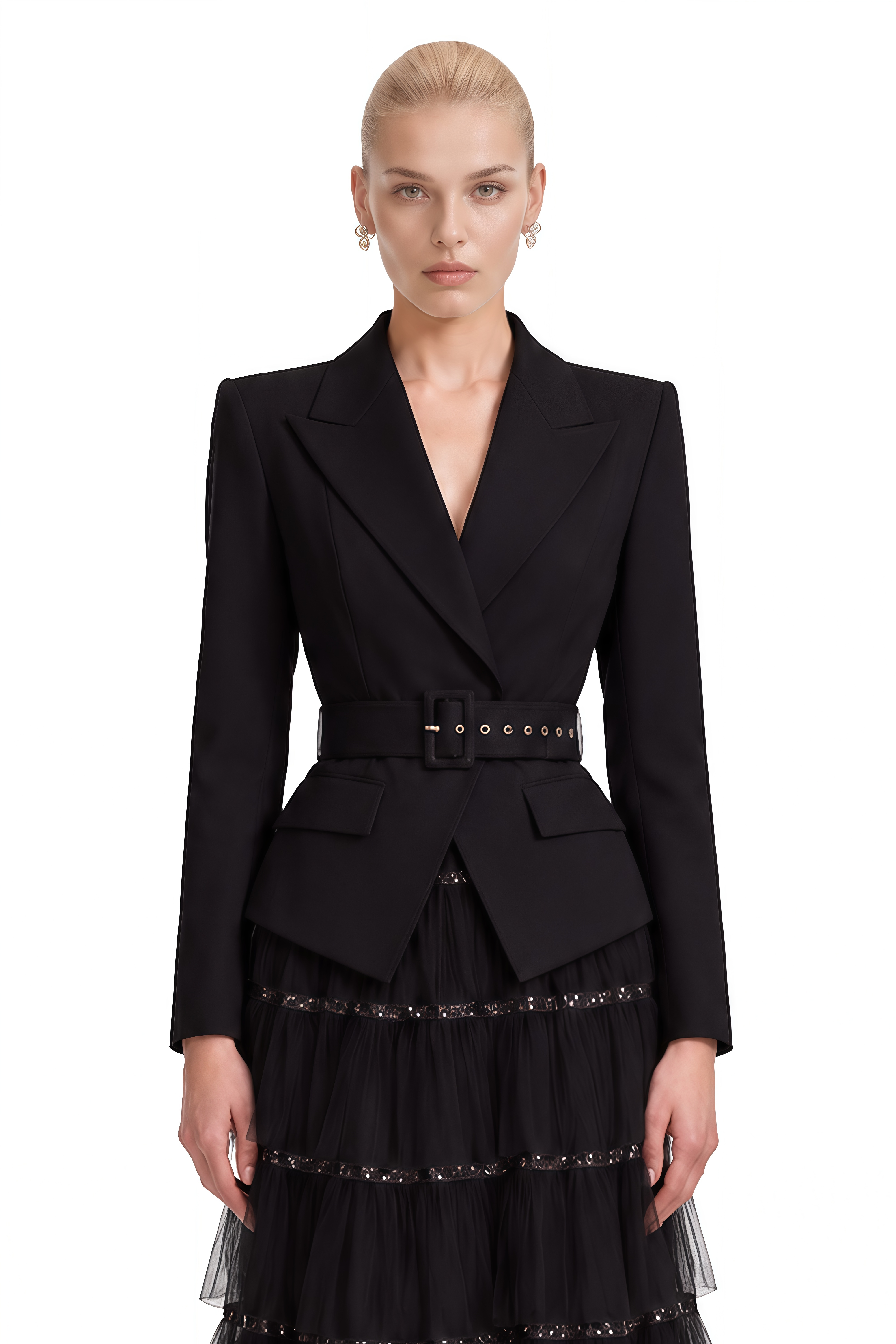 Delphine Black Sequin Belted Maxi Dress