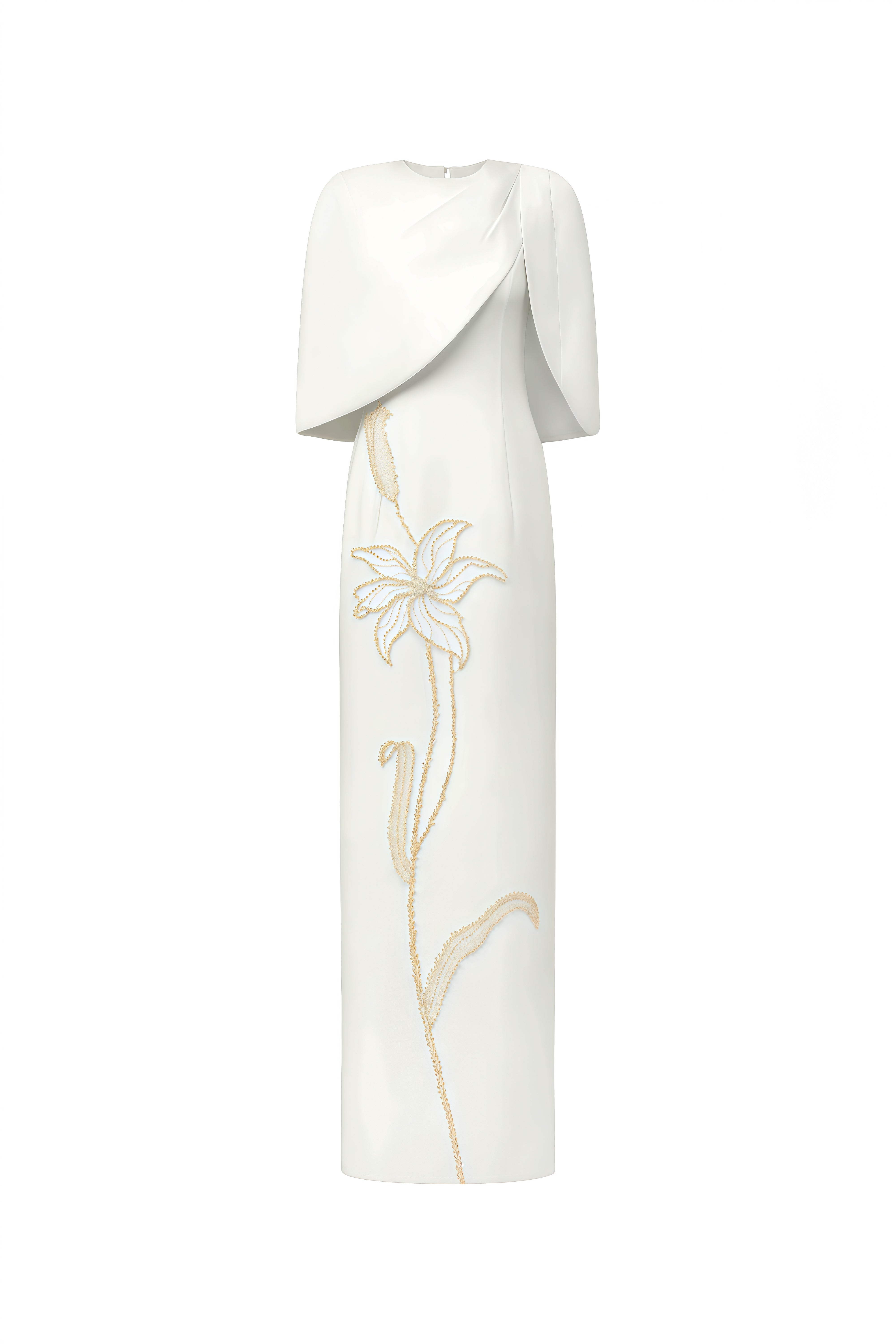 Vienne White Floral Embellished Cape Maxi Dress