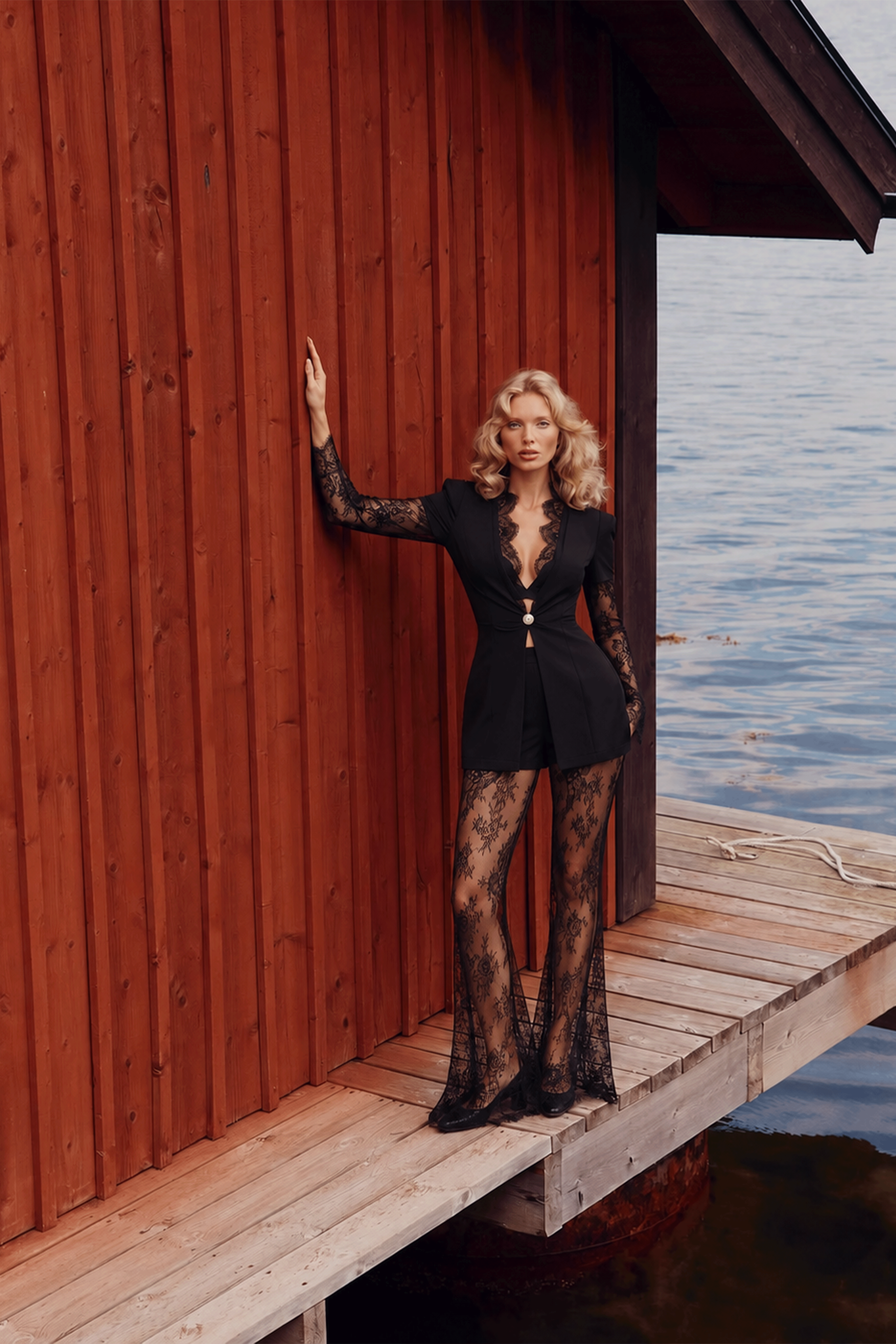 Delia Black Floral Lace Panel Blazer & Trousers Set