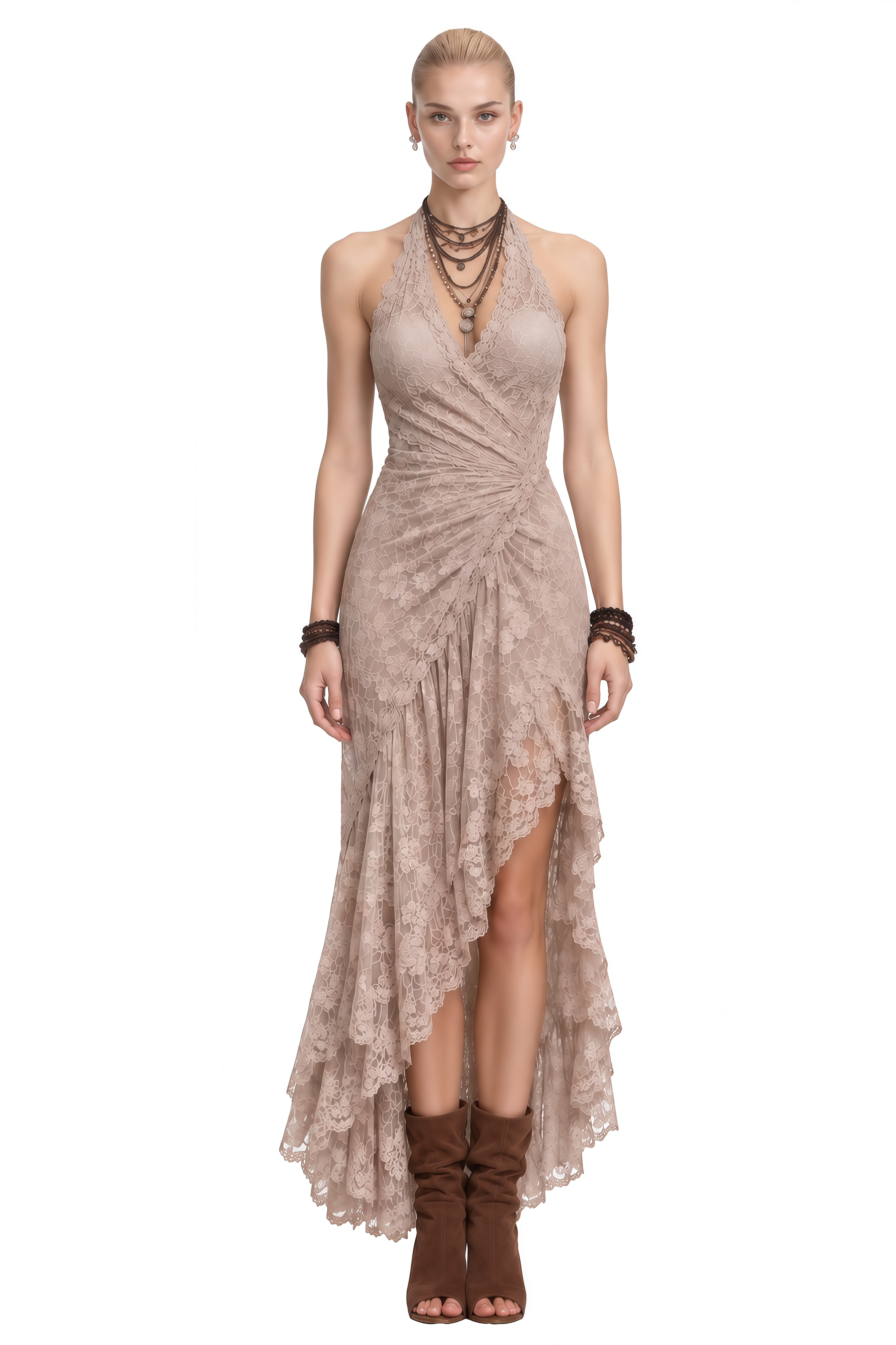 Belle Beige Halterneck High-Low Midi Dress