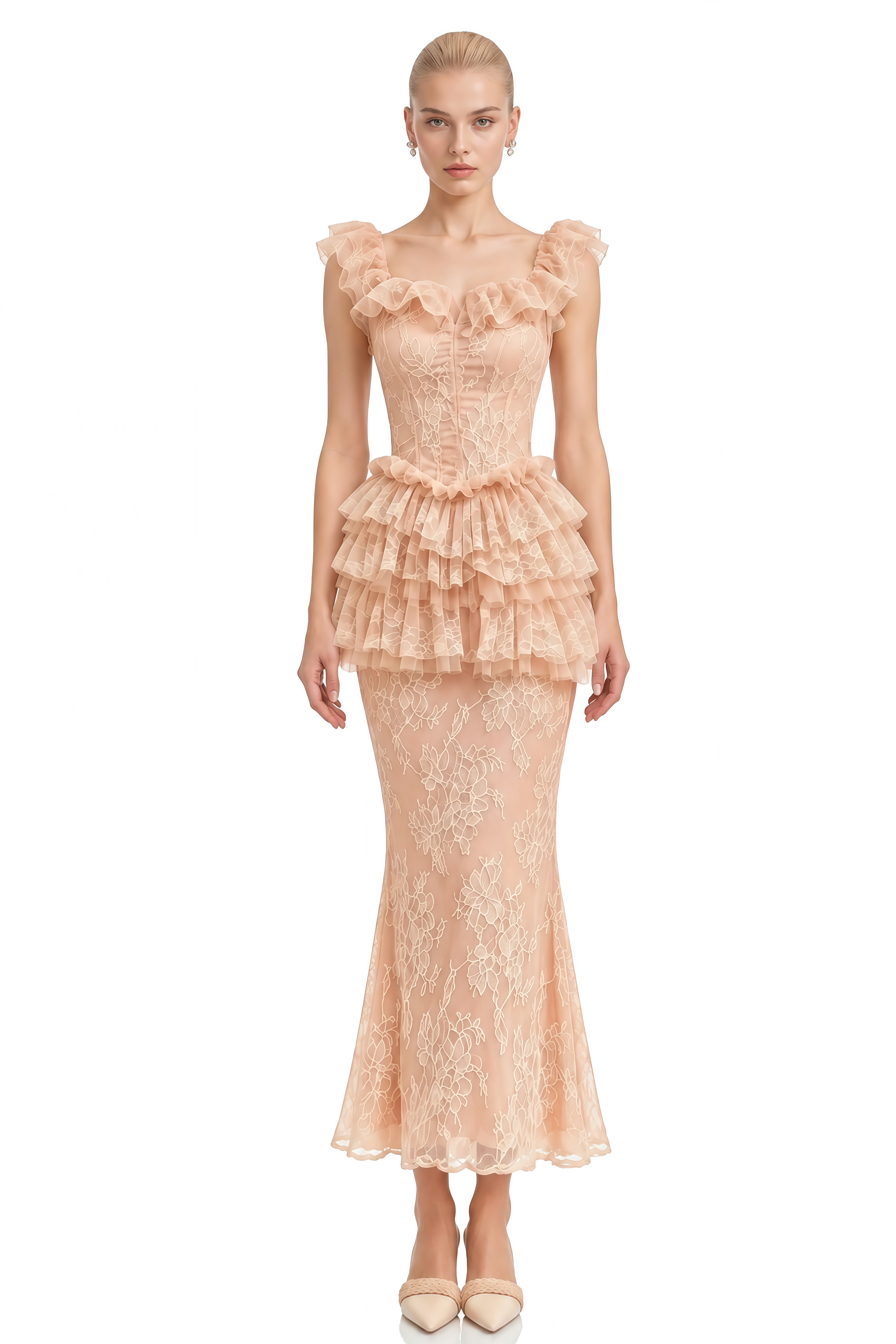 Coralie Neutral Ruffled Lace Top & Skirt Set