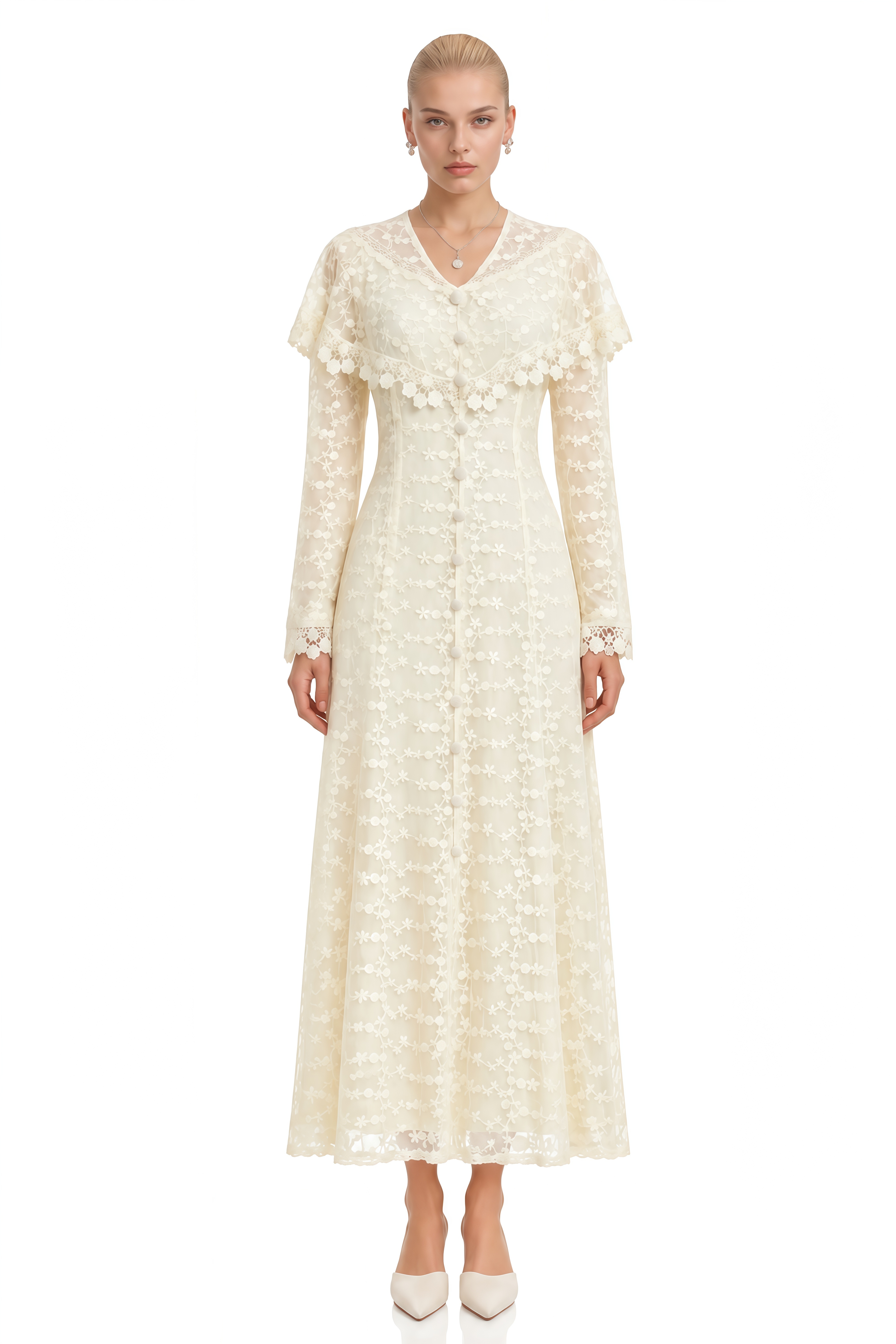 Stella Neutral Cape Design Lace Maxi Dress