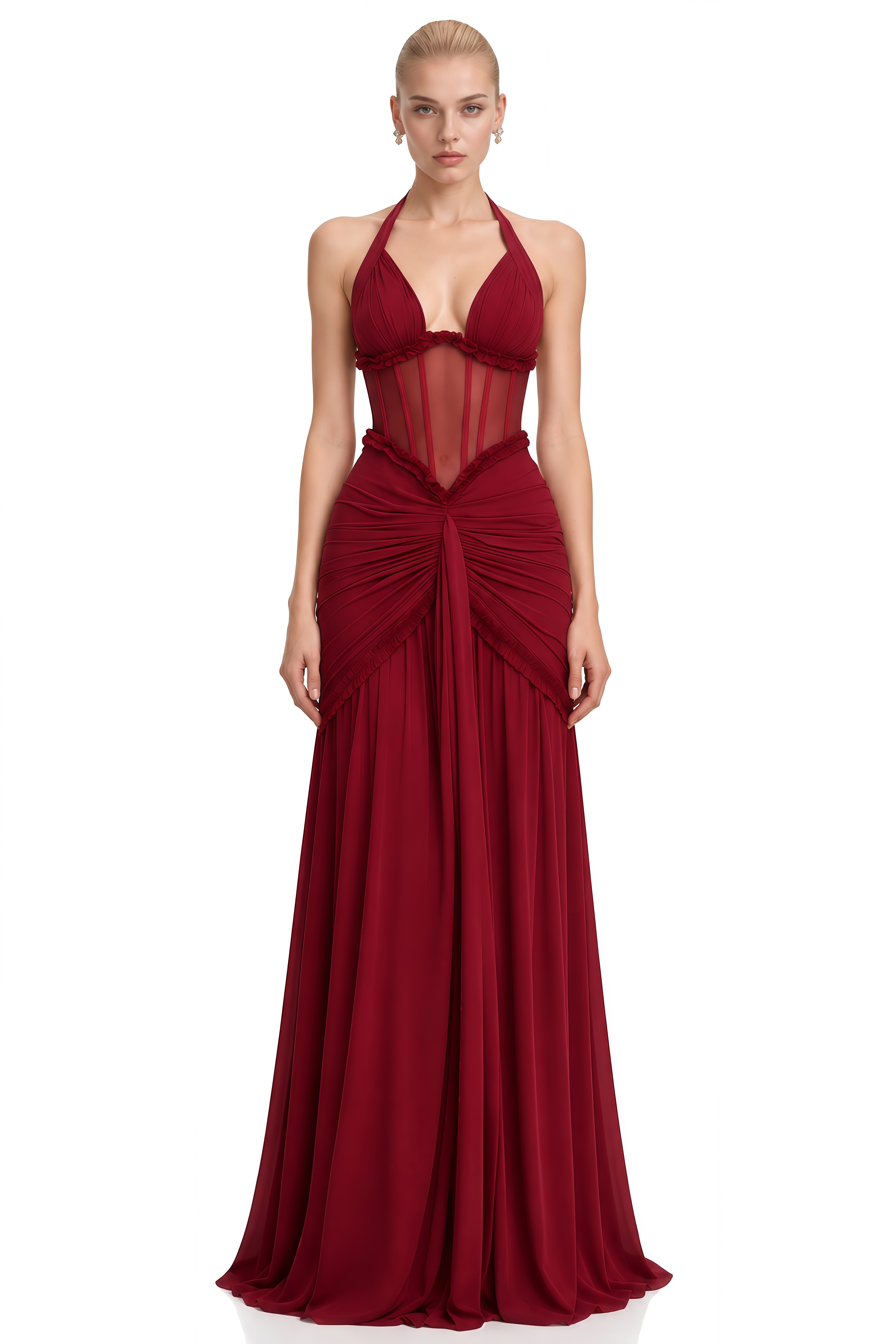 Elizabeth Burgundy Halterneck Ruched Maxi Dress