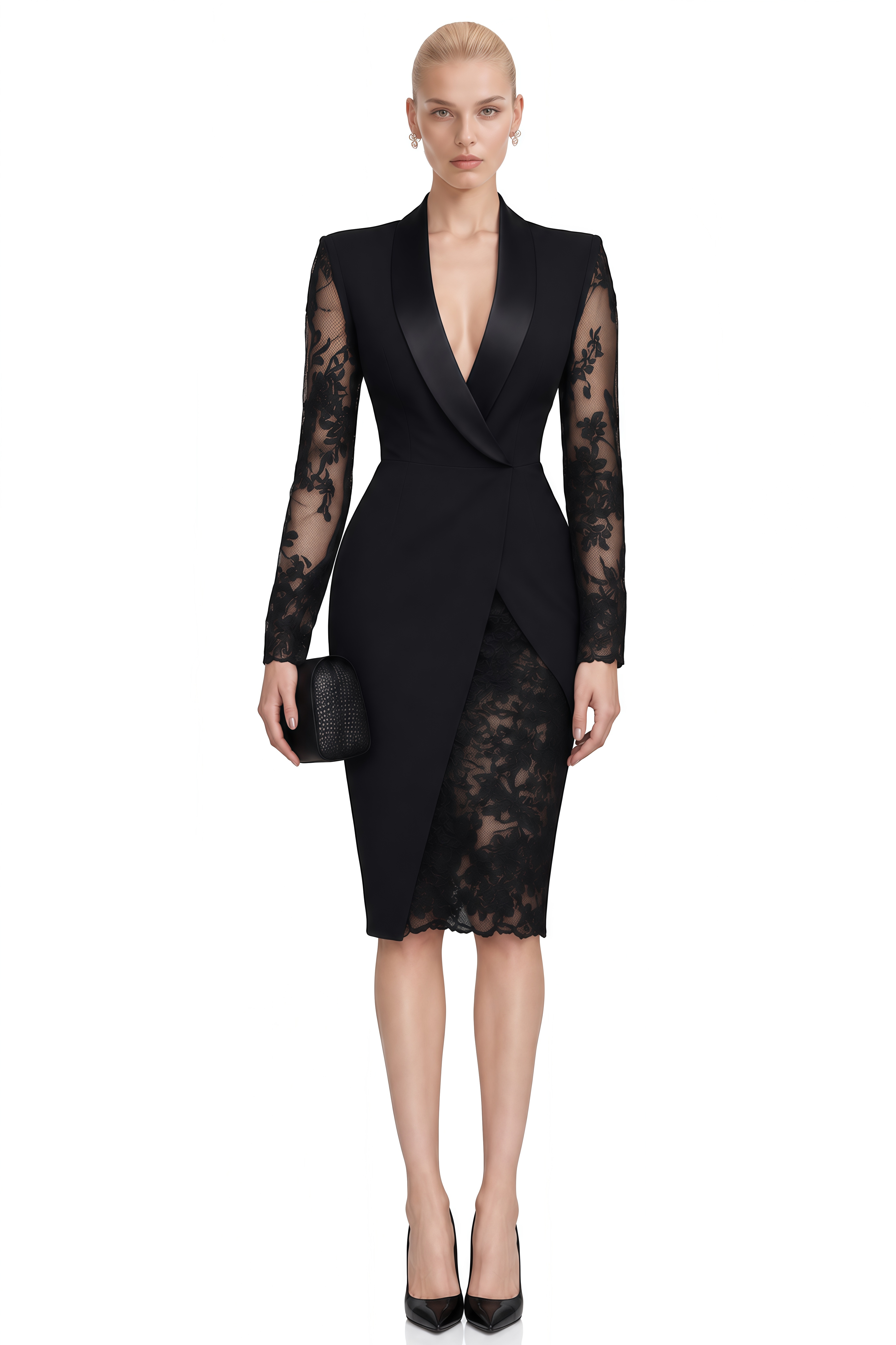 Viola Black V-Neck Lace Sleeves Midi Dress