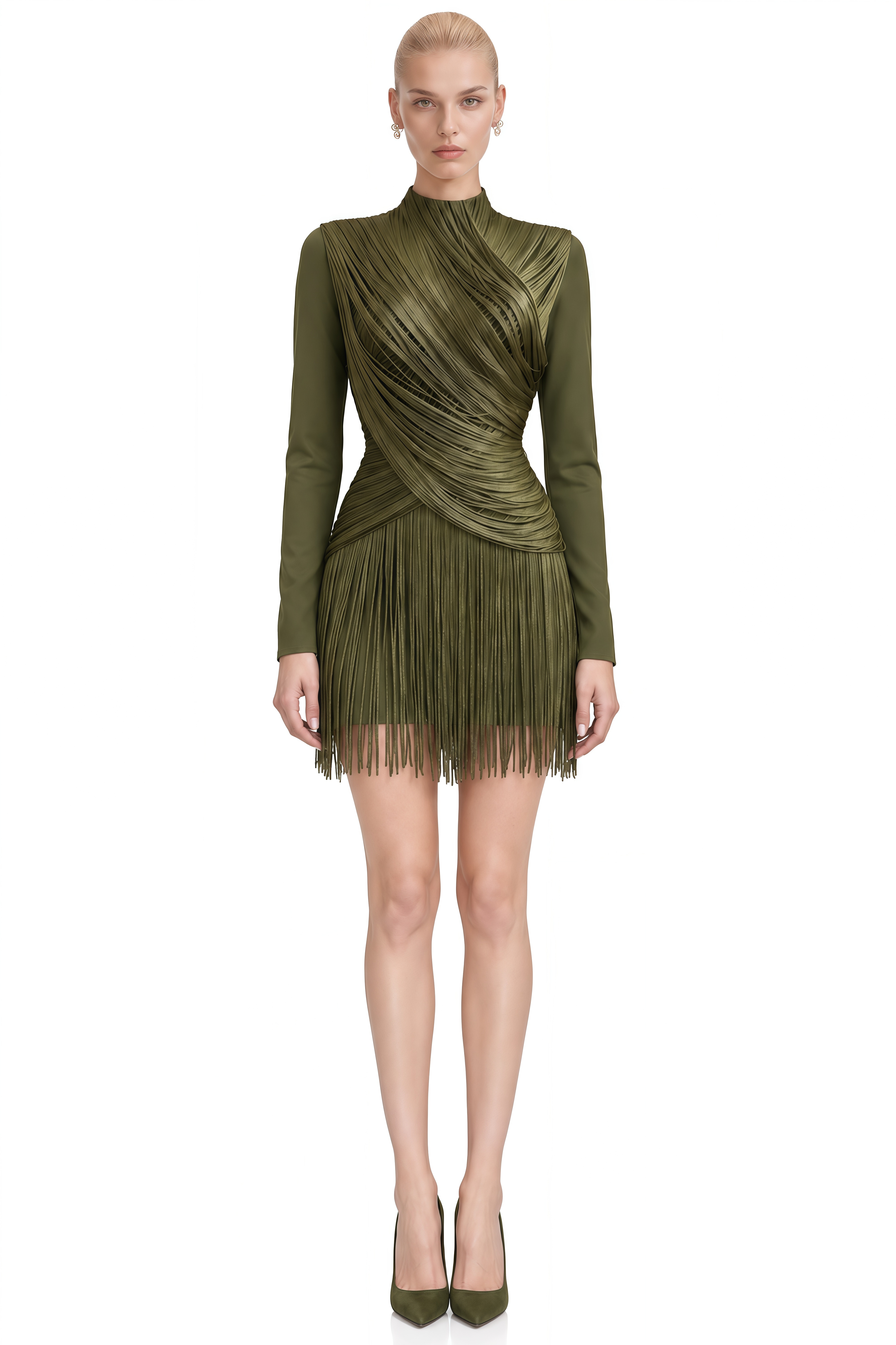 Coralie Olive Green Long Sleeves Fringe Mini Dress