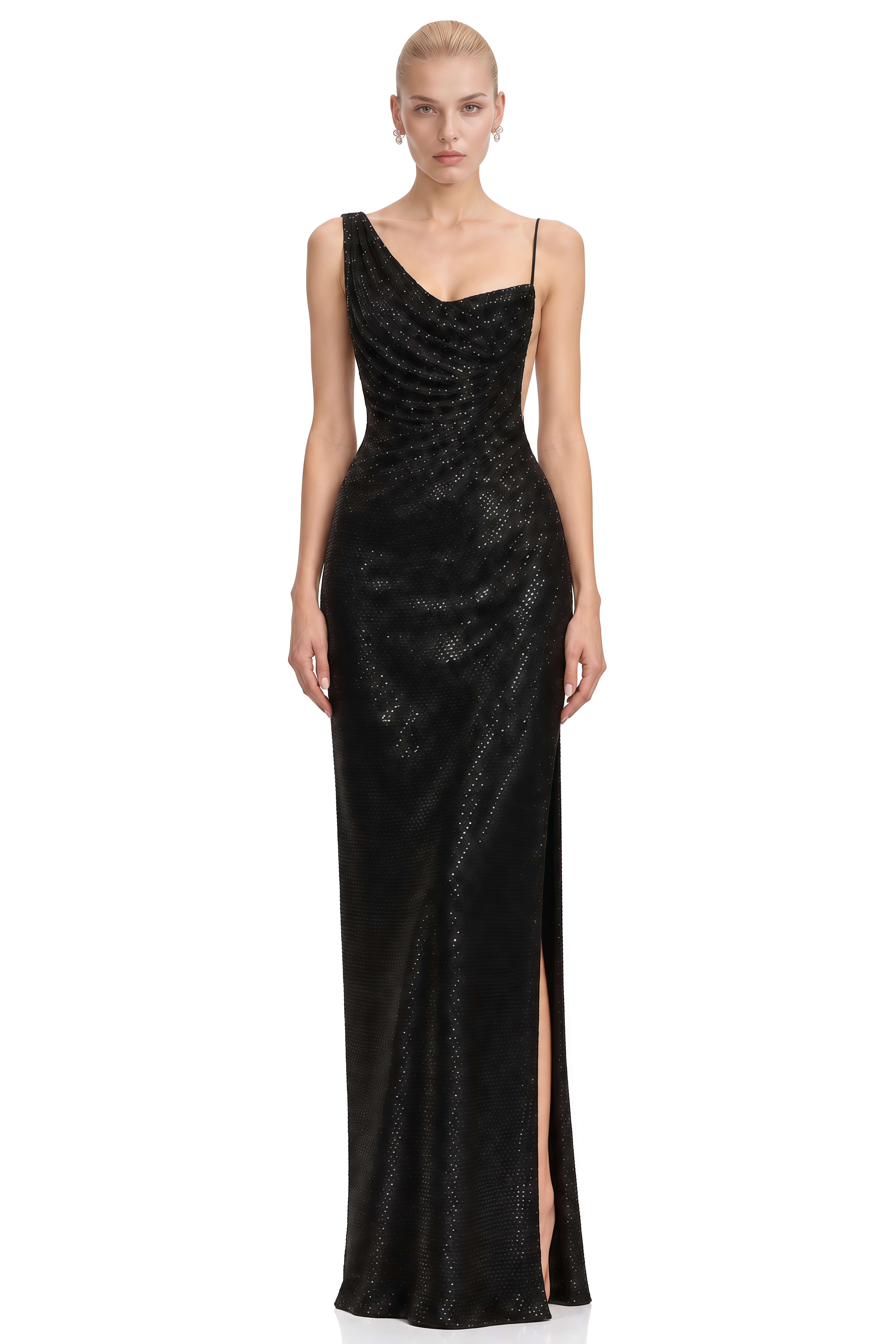 Flora Black Asymmetrical Sequined Maxi Dress