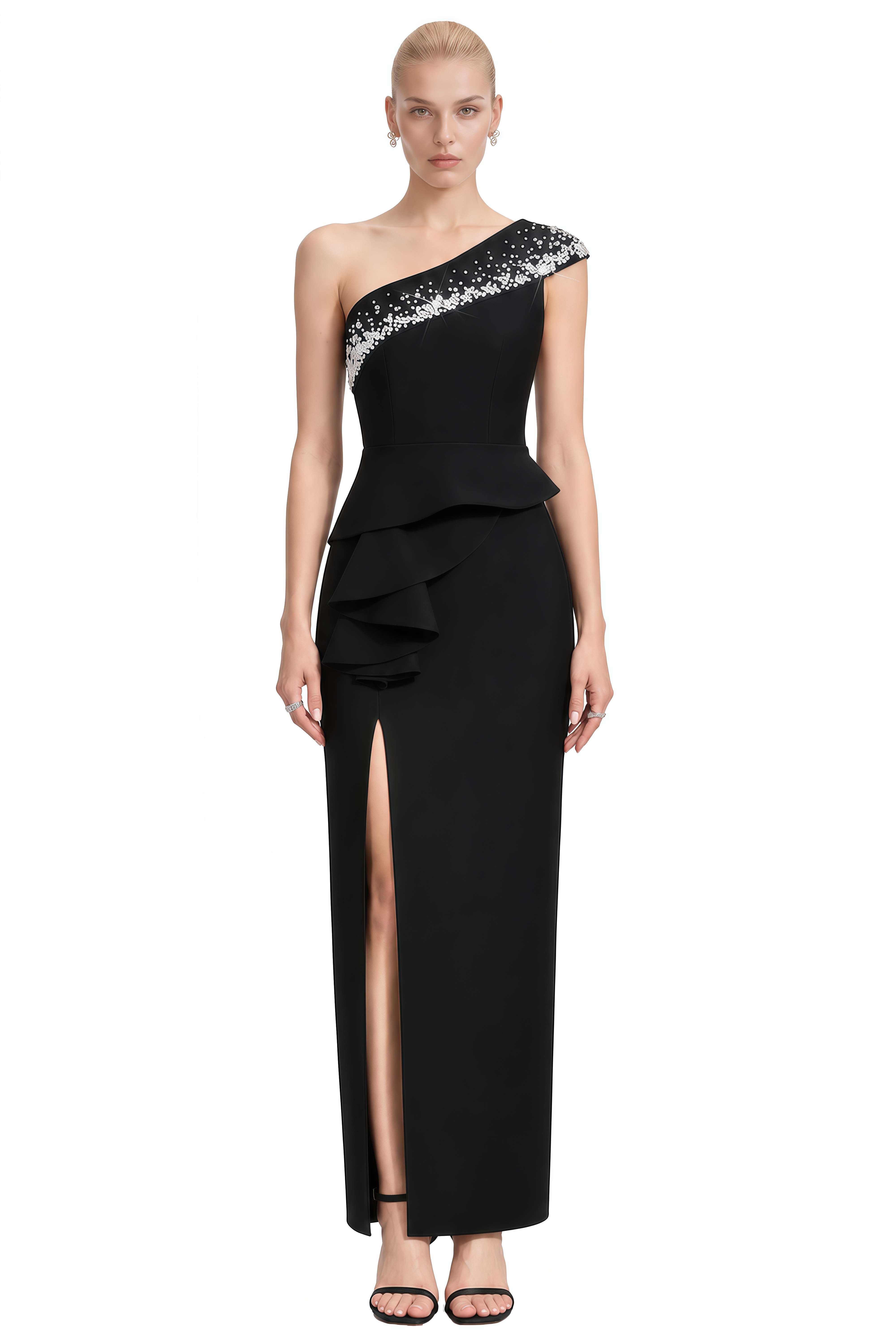 Lily Black One-Shoulder Embellished Maxi Dress