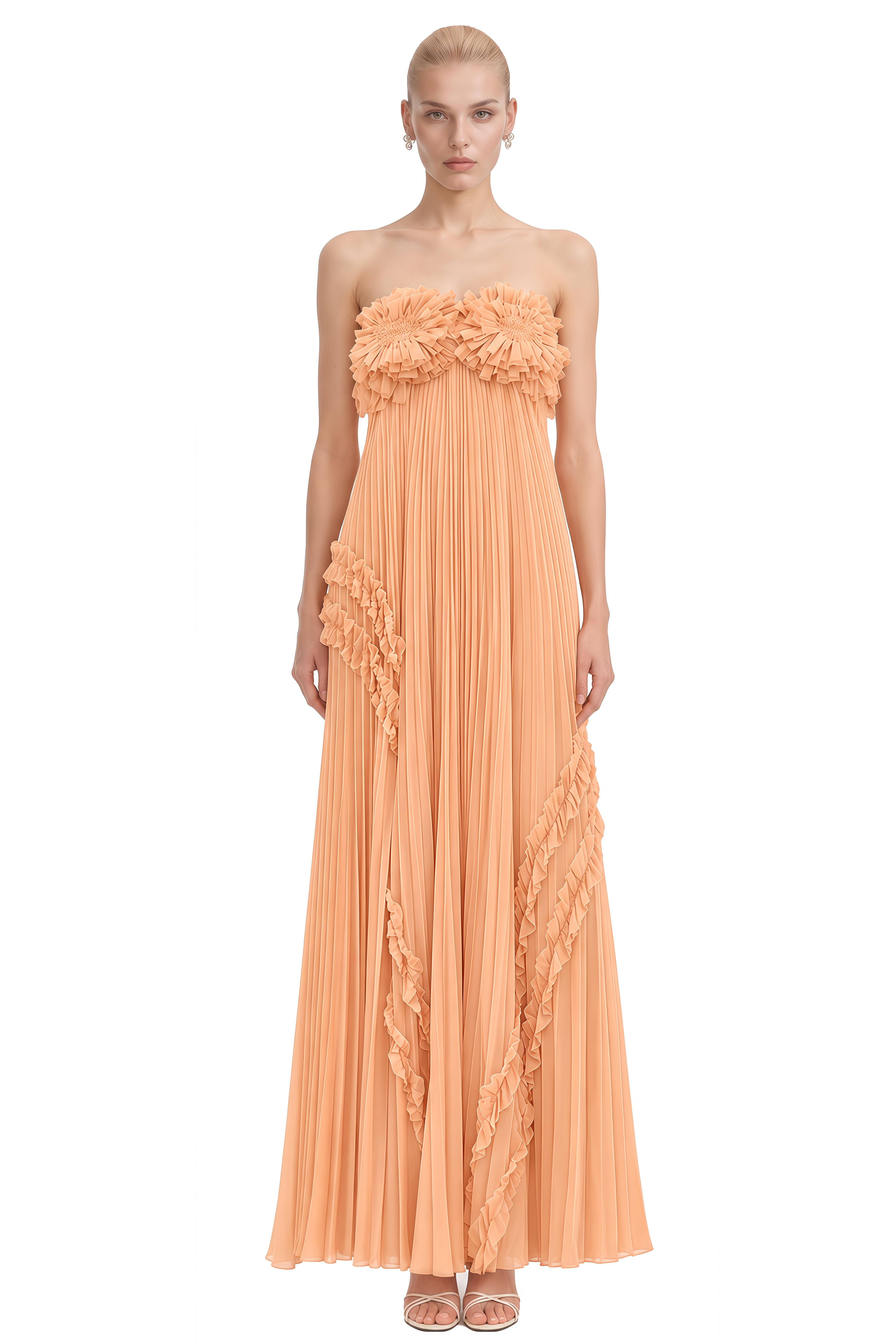 Lucy Orange Strapless Ruffled Maxi Dress