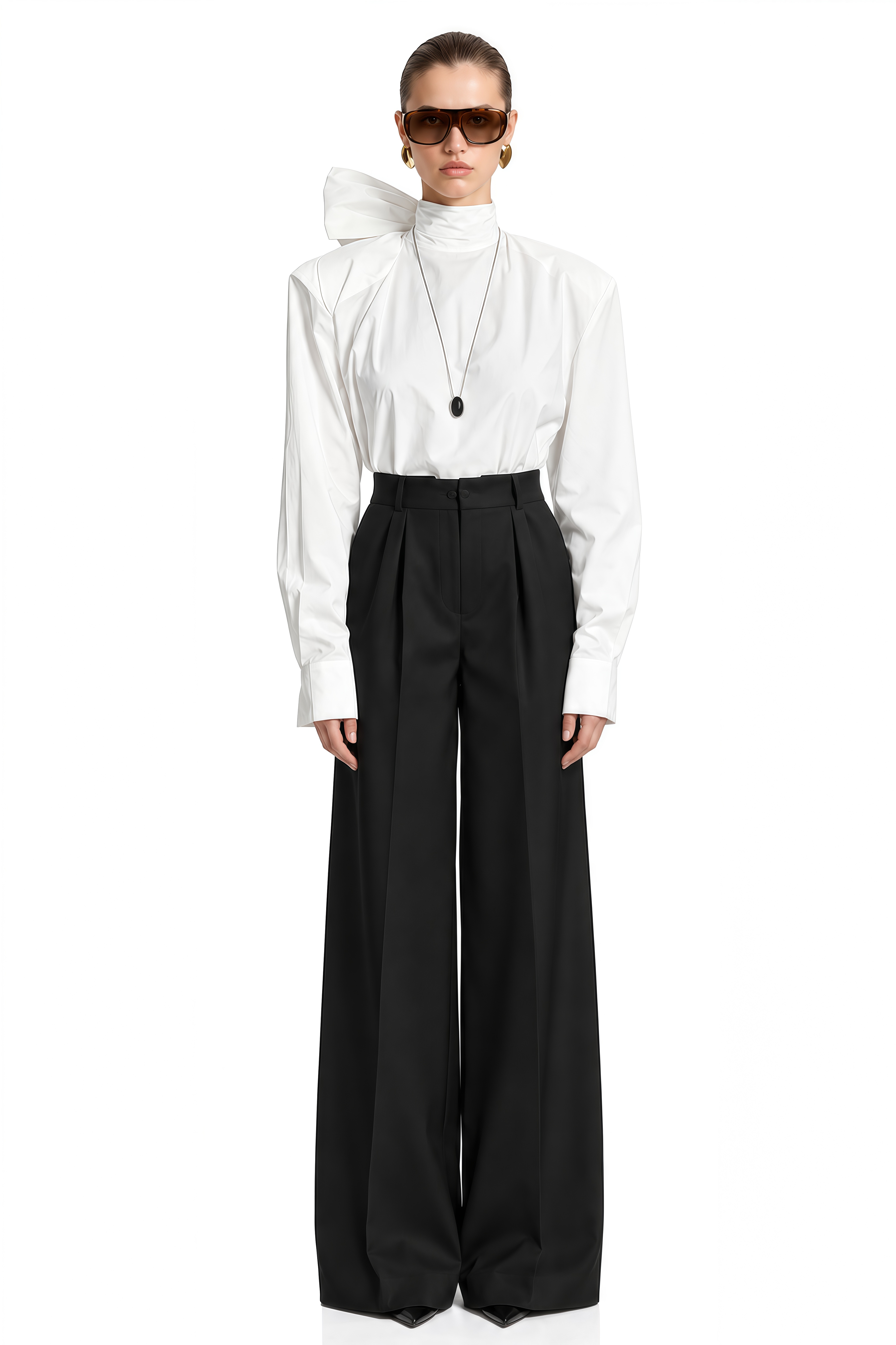 Jasmine White Extended Tie-Neck Relaxed Blouse