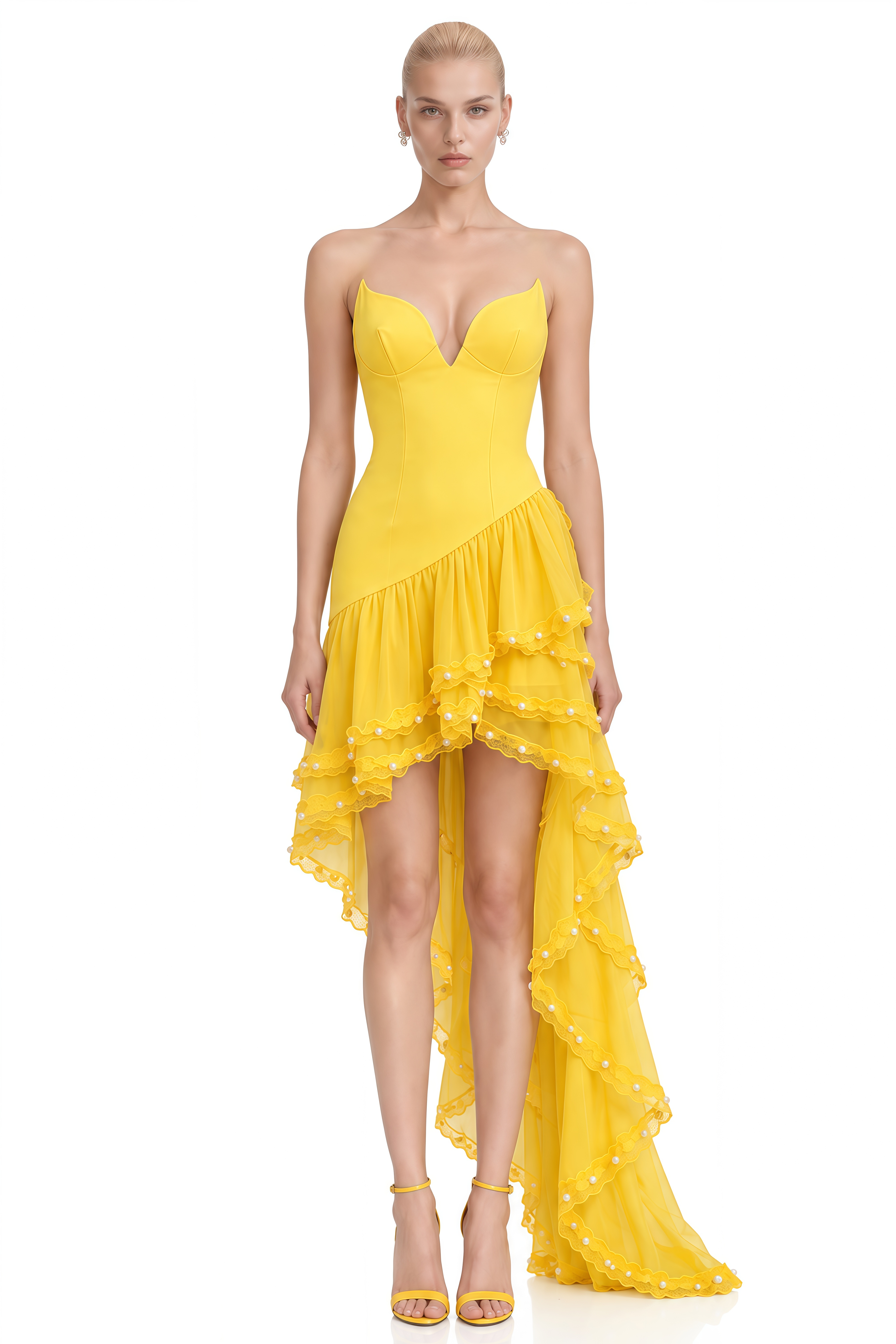Celeste Yellow Strapless Asymmetrical Maxi Dress