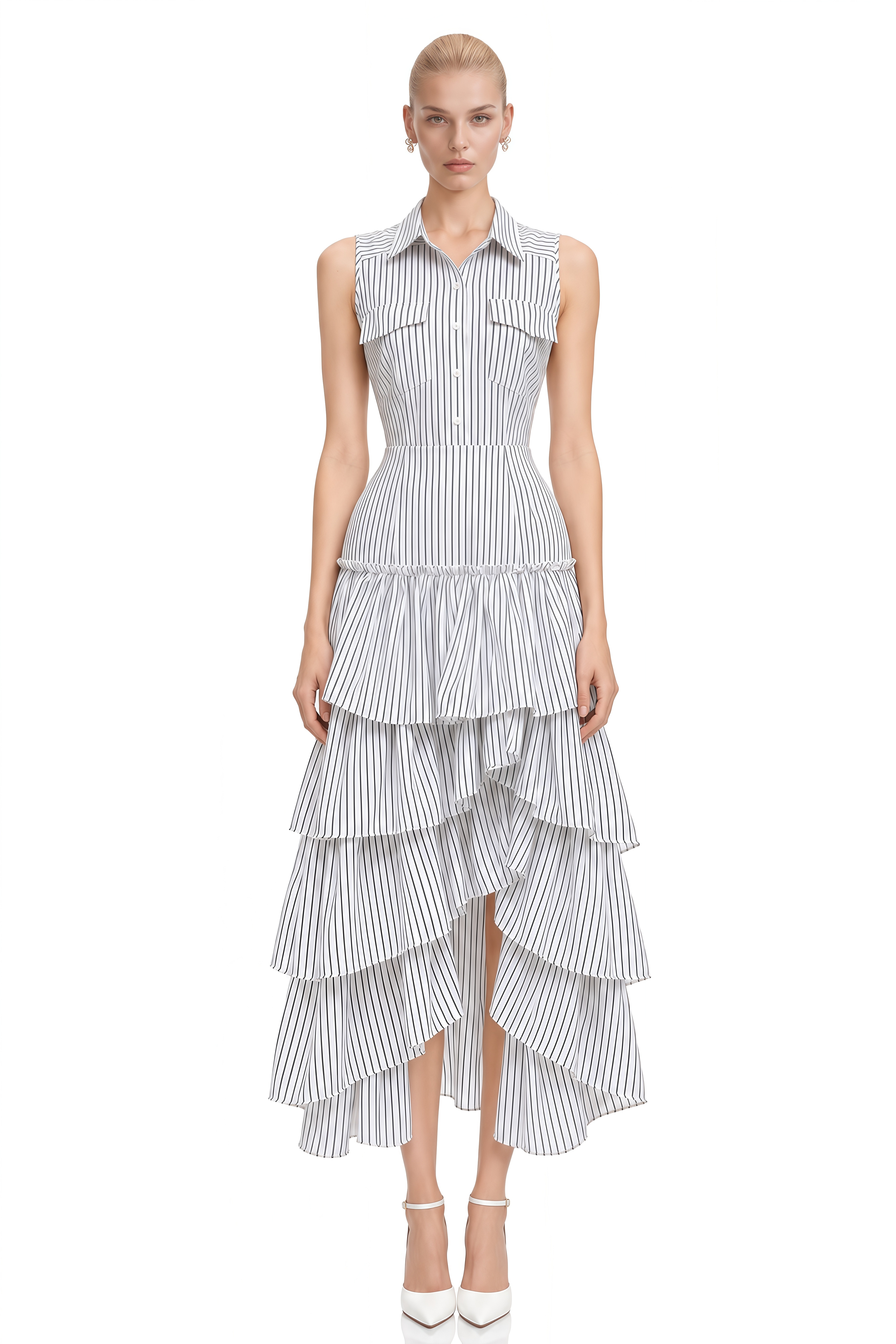 Nina White Sleeveless Striped Shirt & Skirt Set