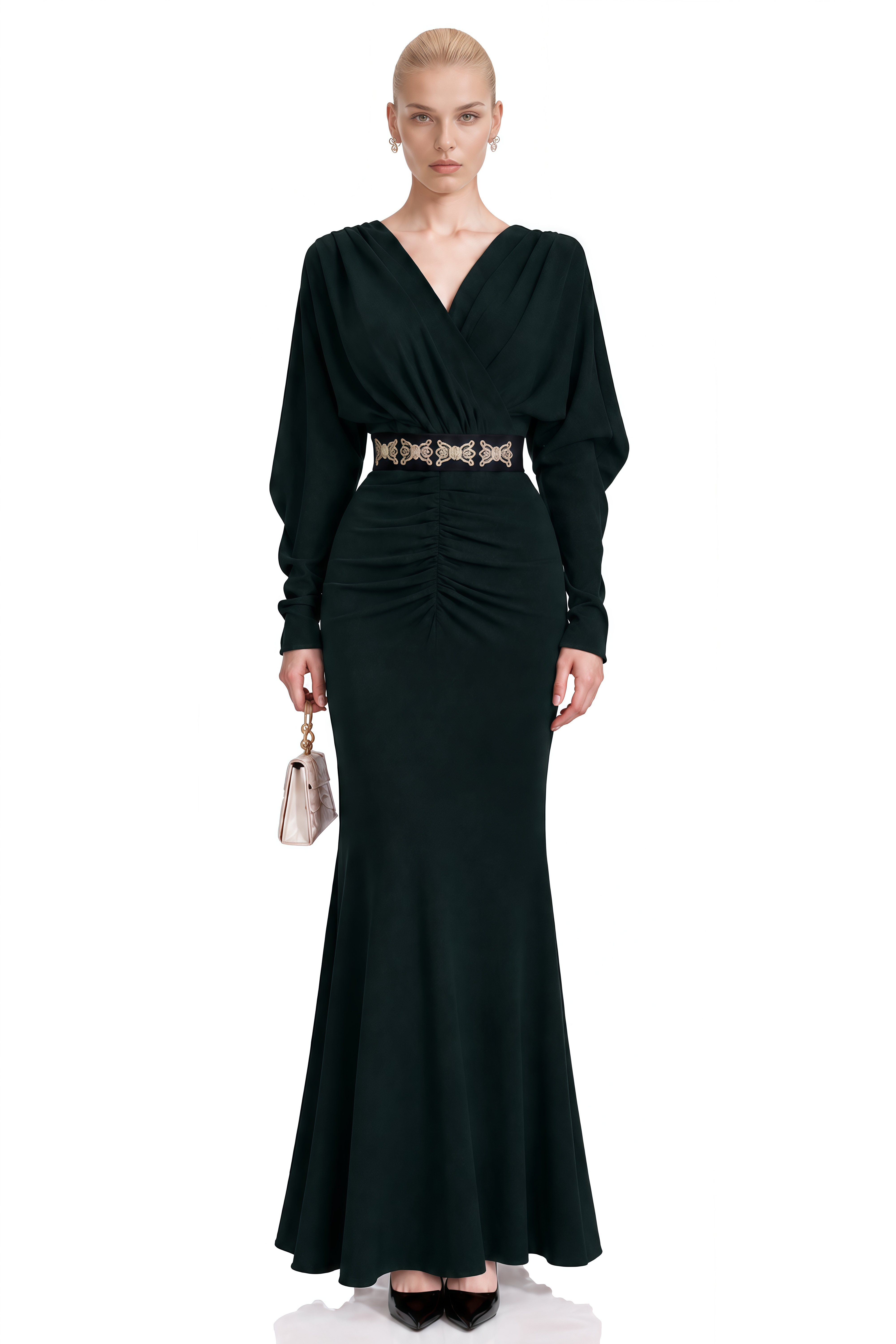 Genevieve Dark Green Long Sleeves Ruched Maxi Dress