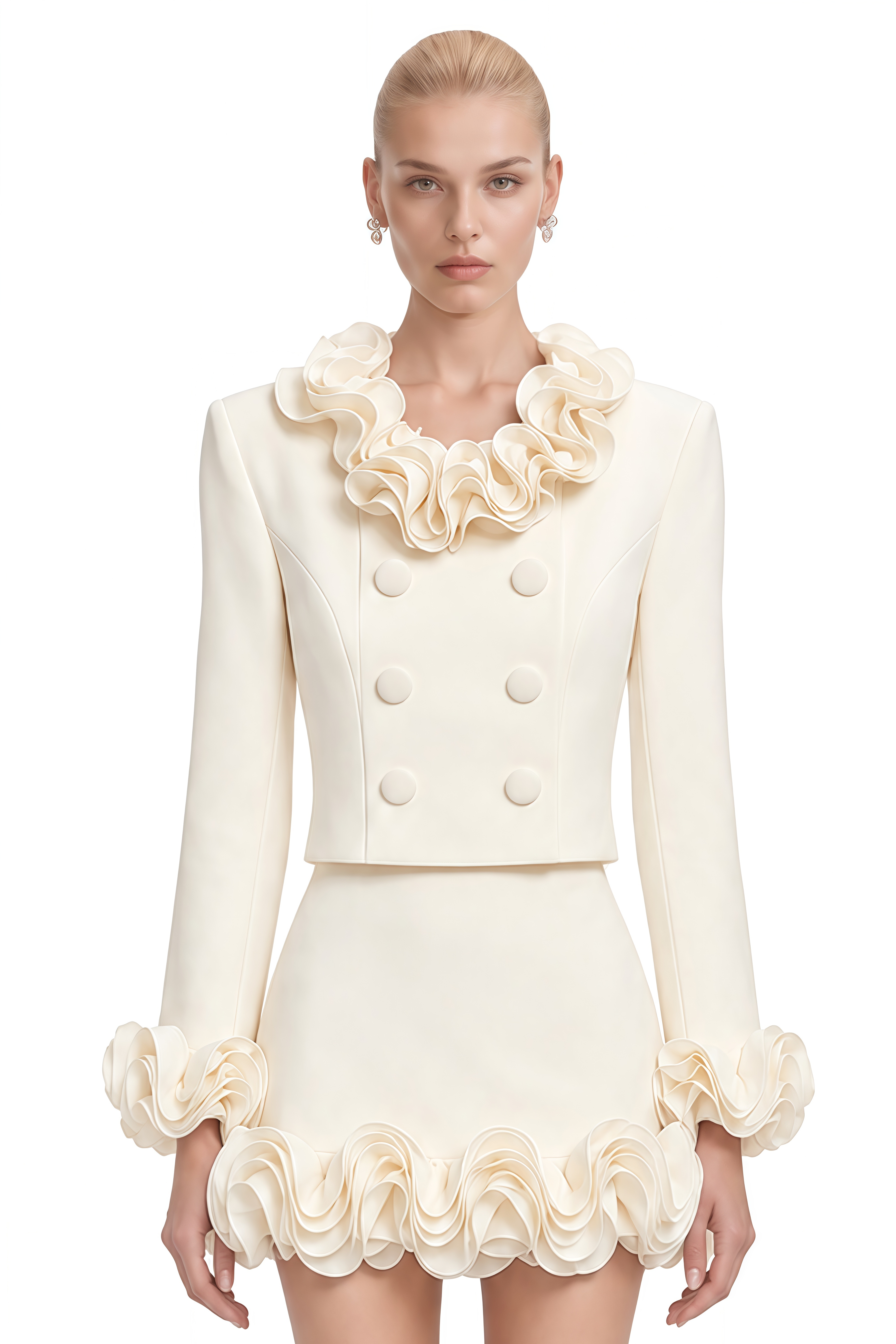 Sebastian Ivory Layered Ruffled Structured Jacket & Skirt Set