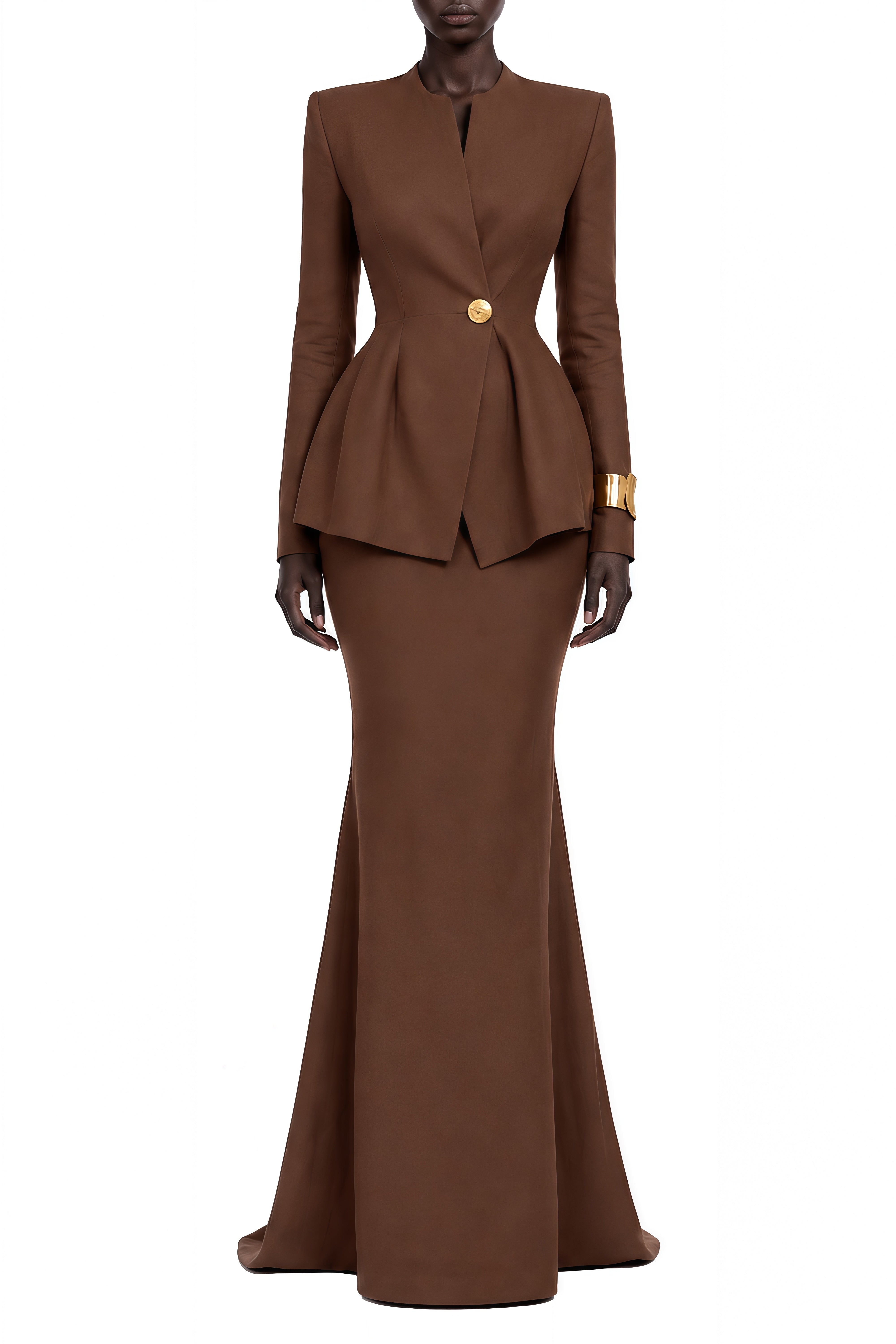 Austen Brown Long Sleeves Pleated Coat & Skirt Set