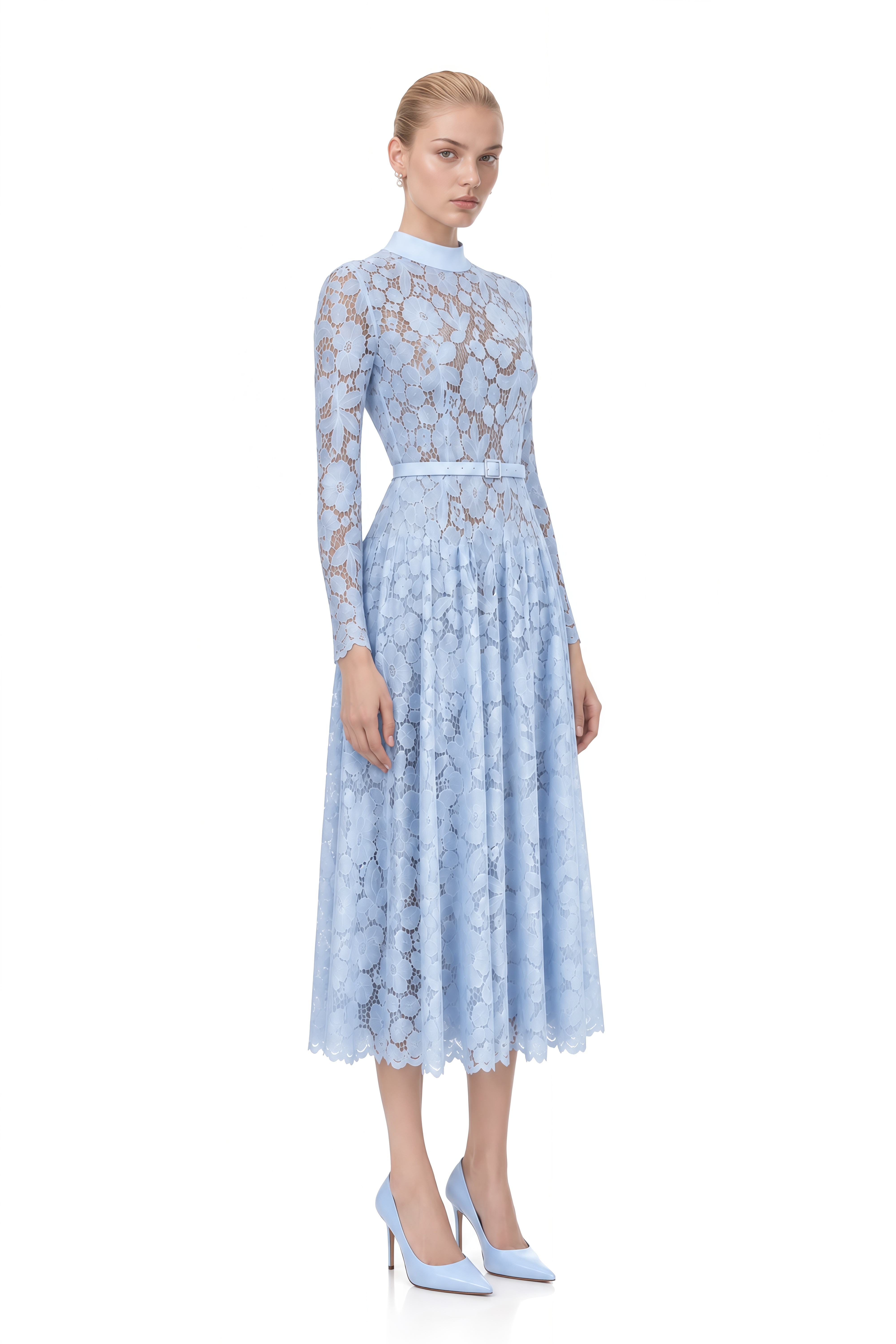 Thalia Blue Turtleneck Floral Lace Midi Dress