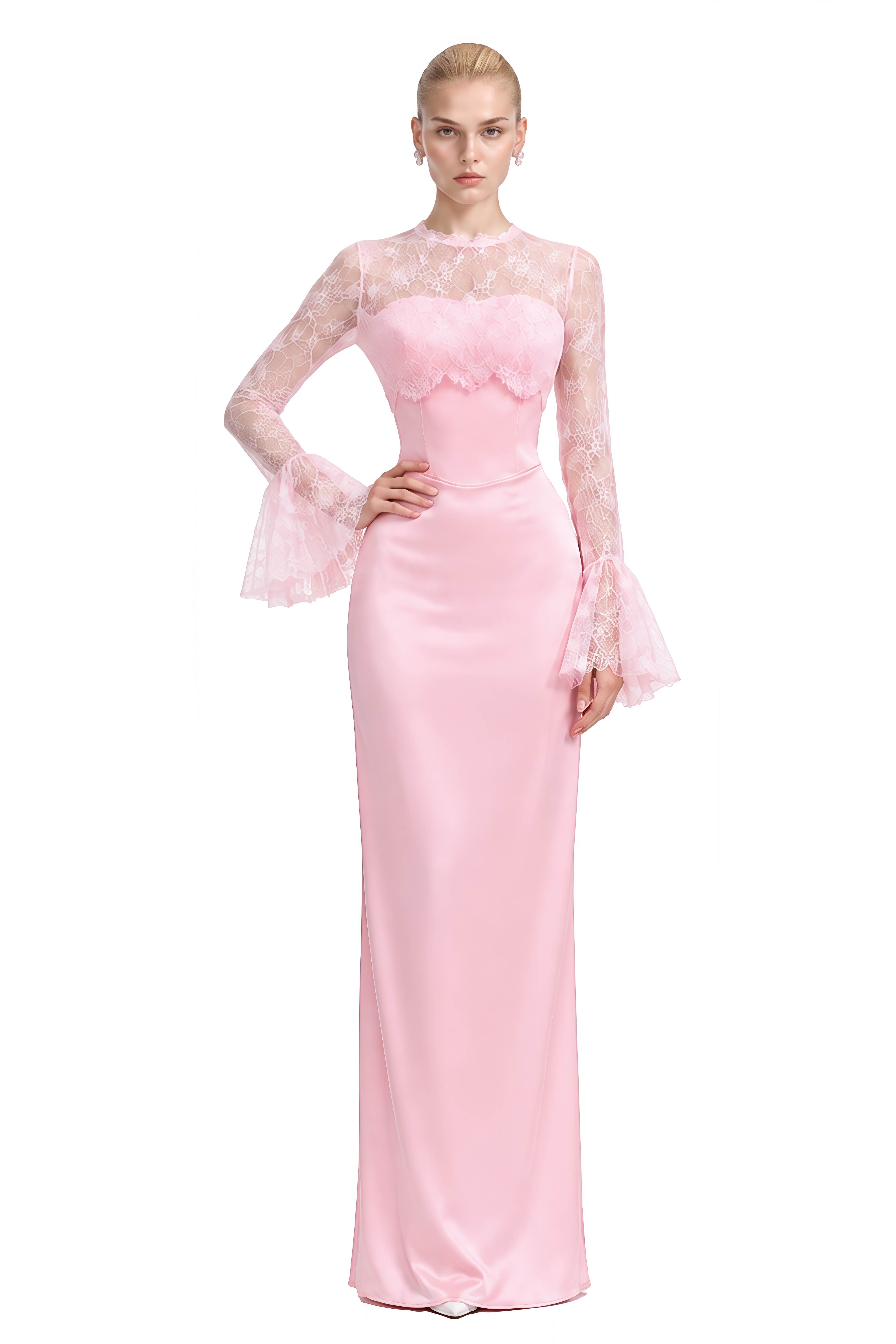 Bronte Pink Long Sleeves Lace Maxi Dress