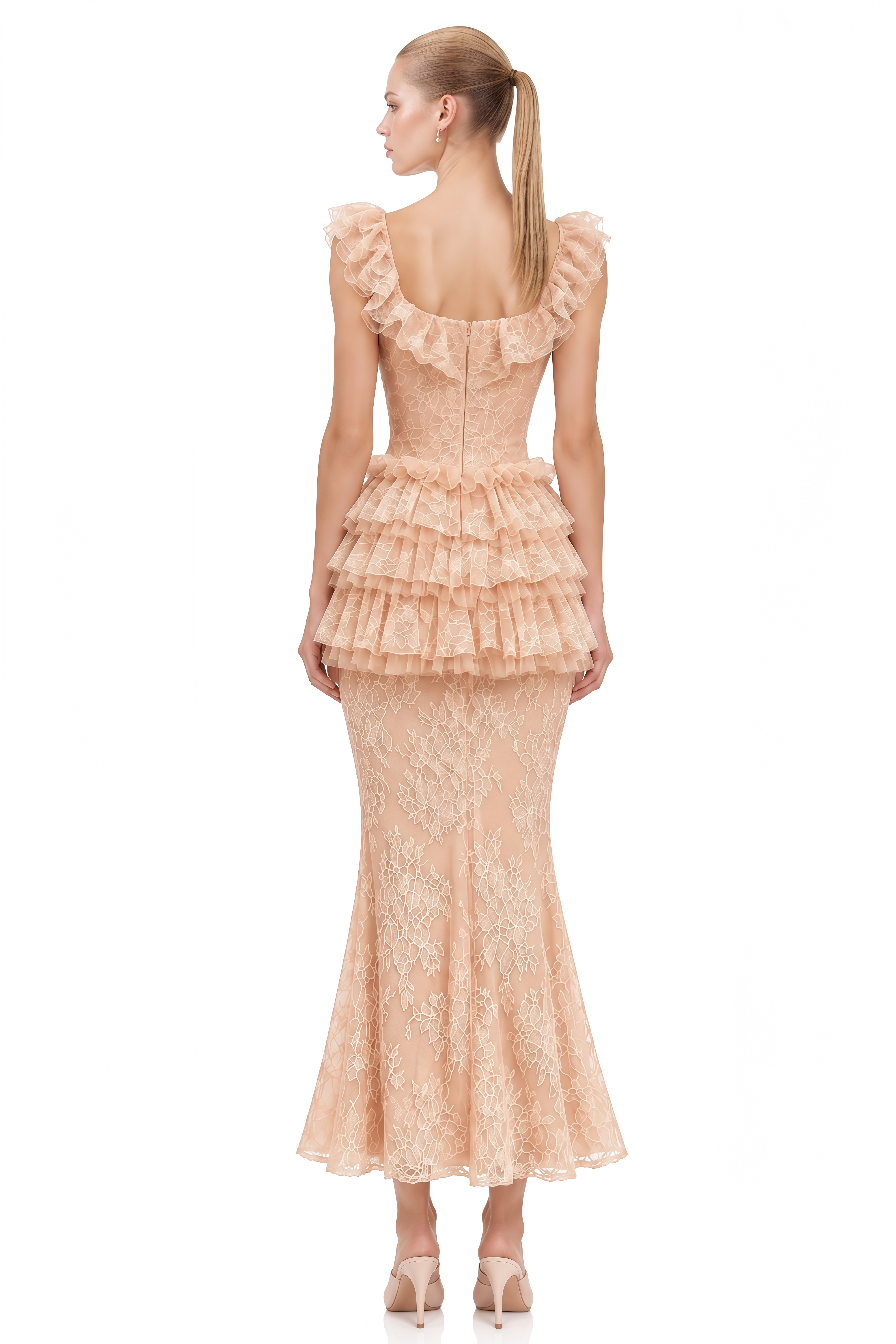 Coralie Neutral Ruffled Lace Top & Skirt Set