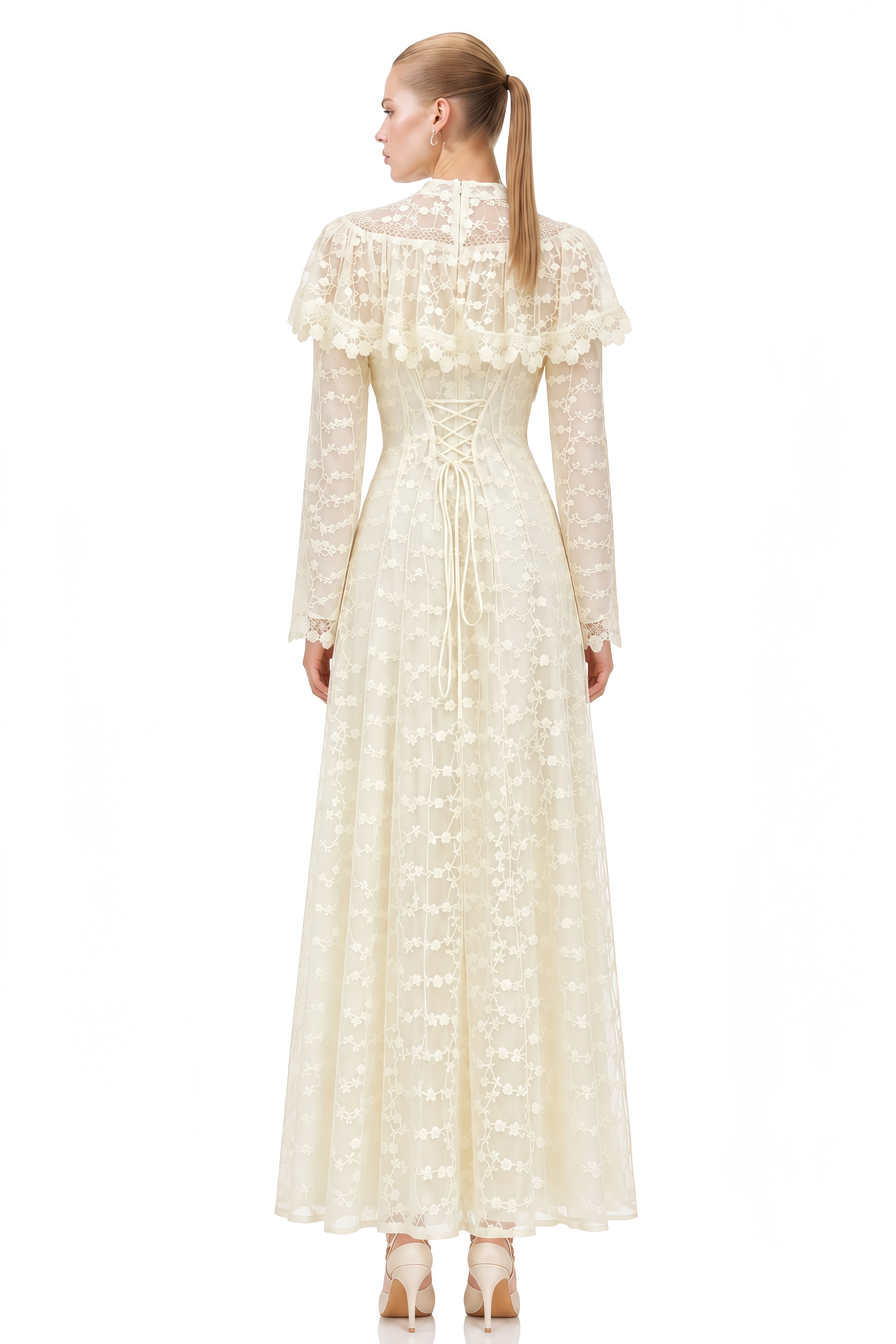 Stella Neutral Cape Design Lace Maxi Dress