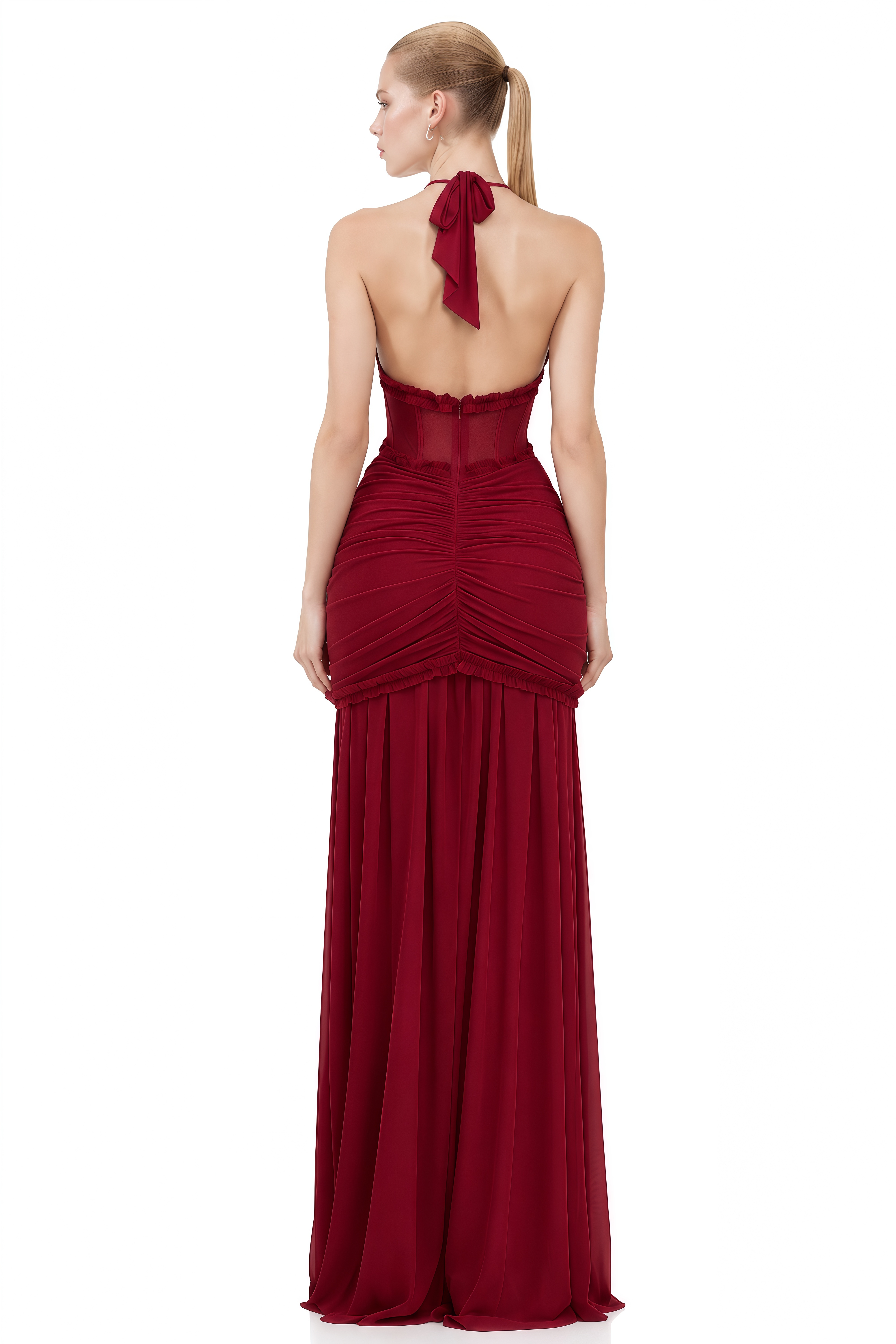 Elizabeth Burgundy Halterneck Ruched Maxi Dress