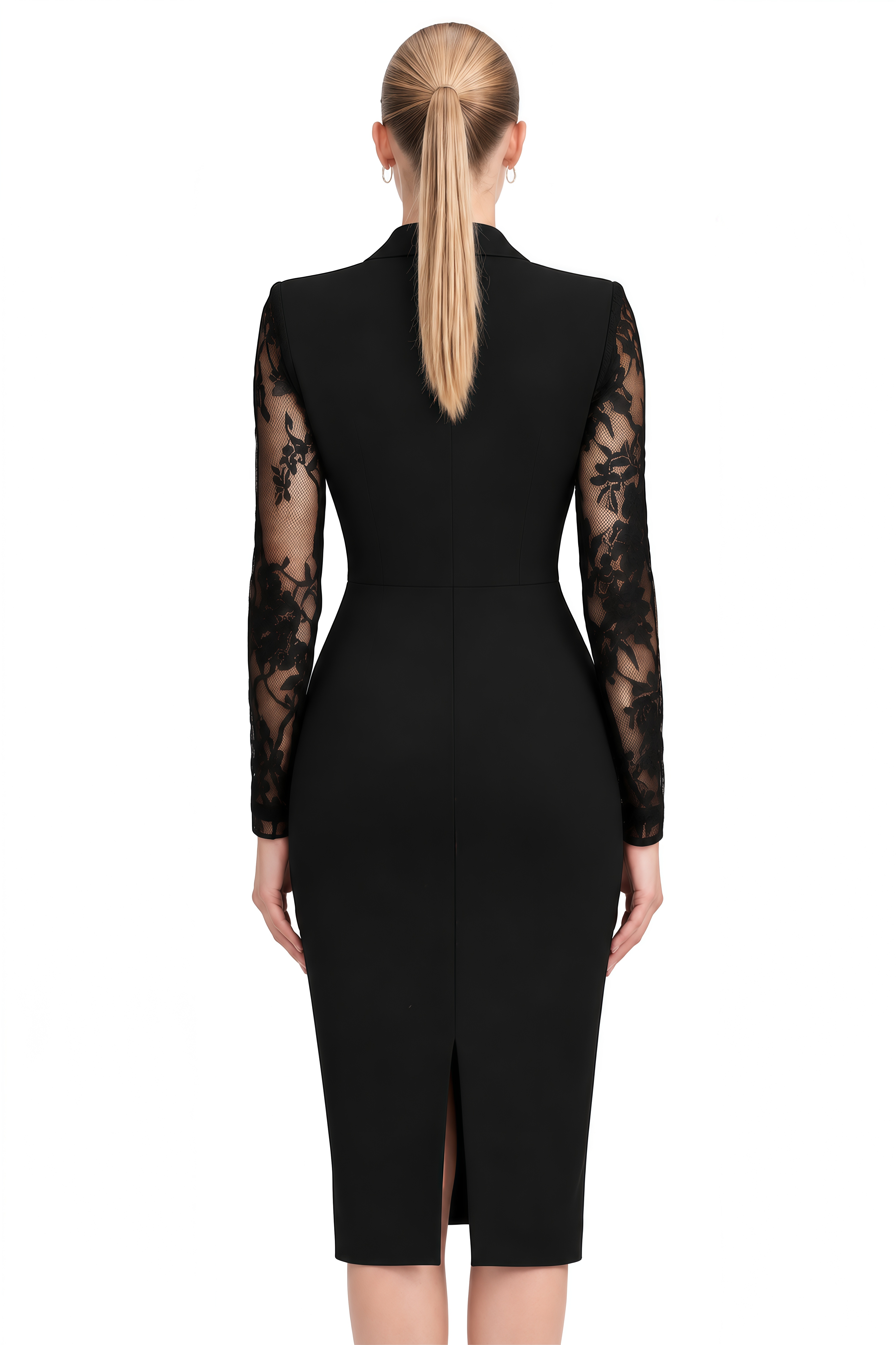 Viola Black V-Neck Lace Sleeves Midi Dress