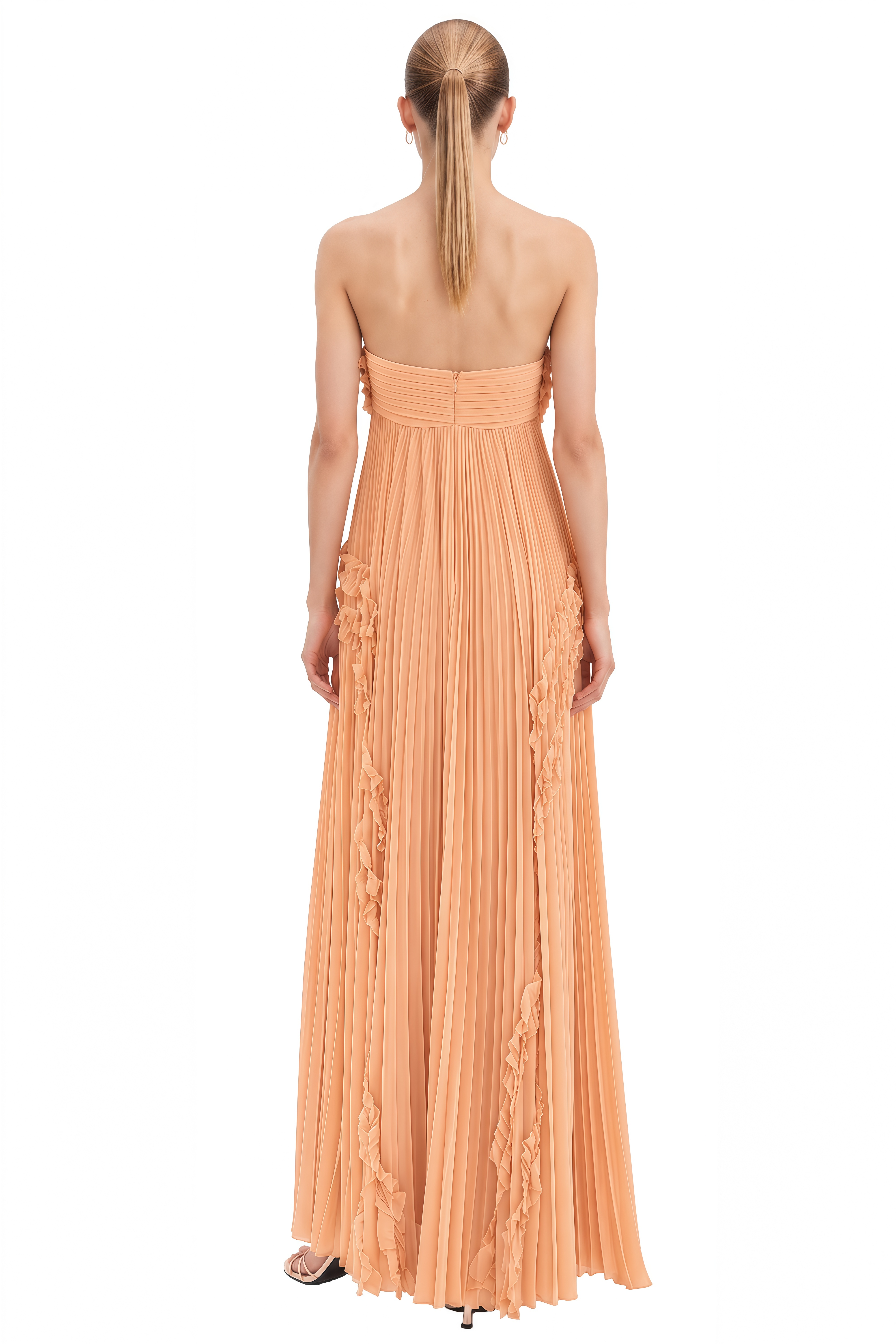 Lucy Orange Strapless Ruffled Maxi Dress