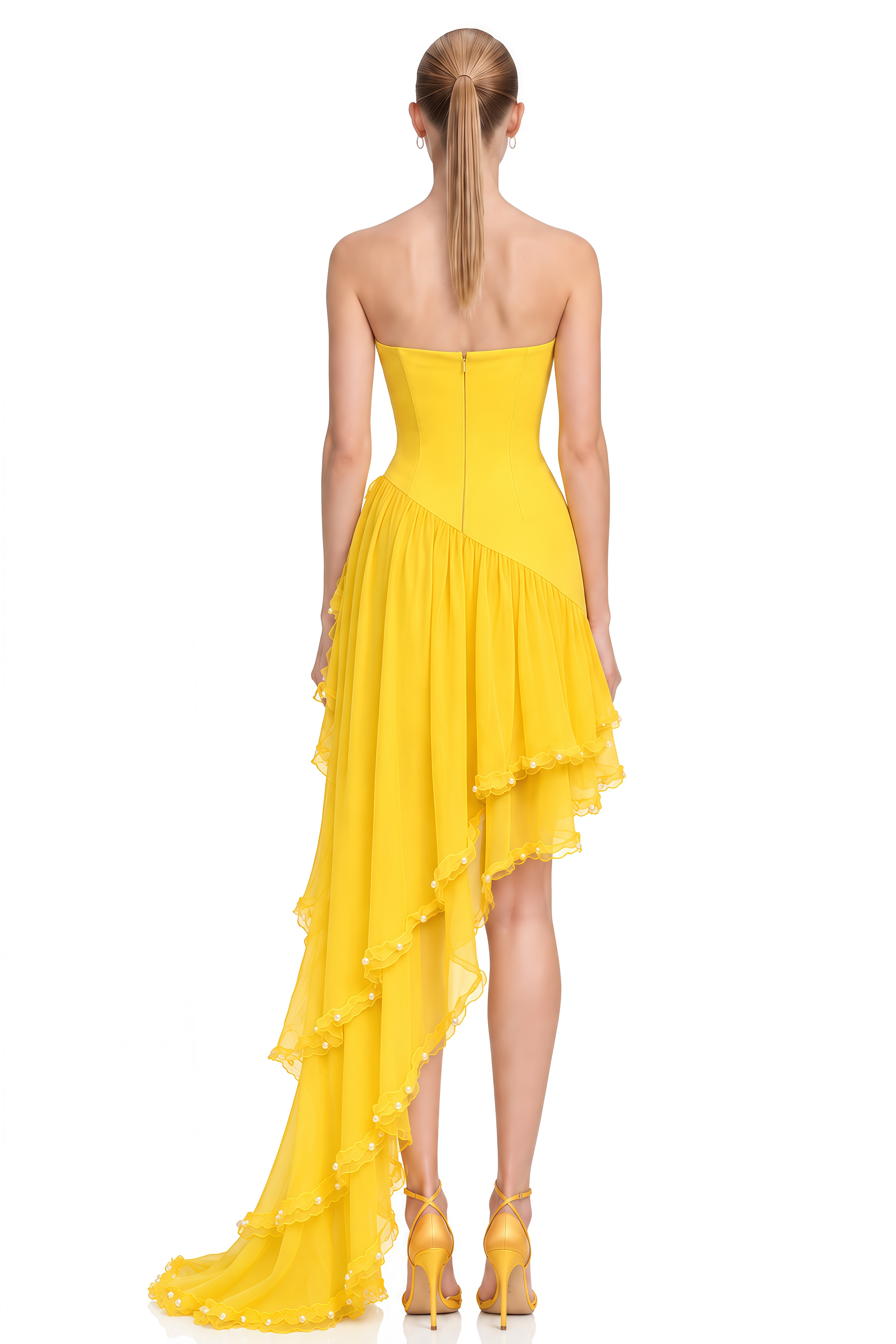 Celeste Yellow Strapless Asymmetrical Maxi Dress