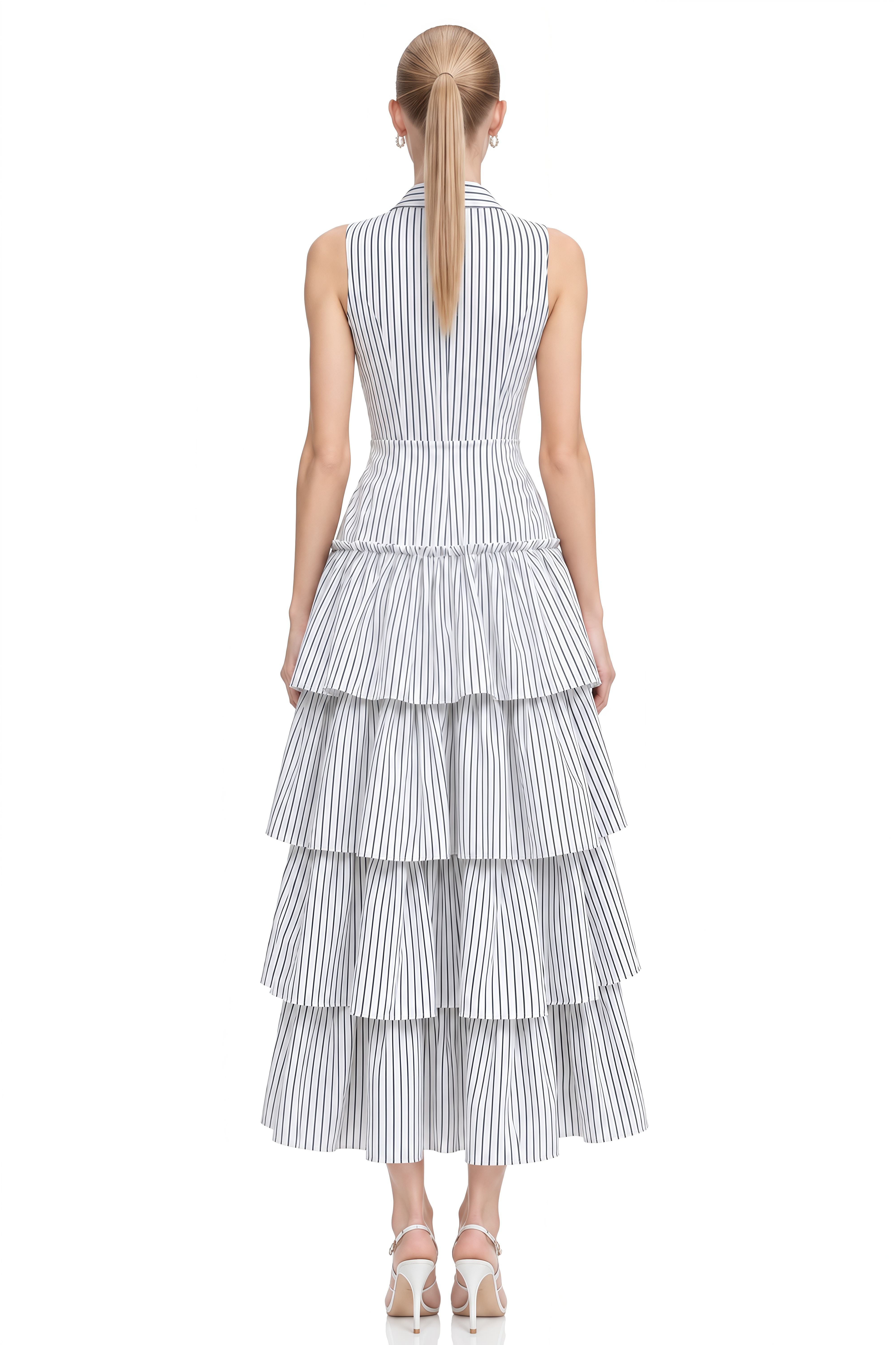 Nina White Sleeveless Striped Shirt & Skirt Set