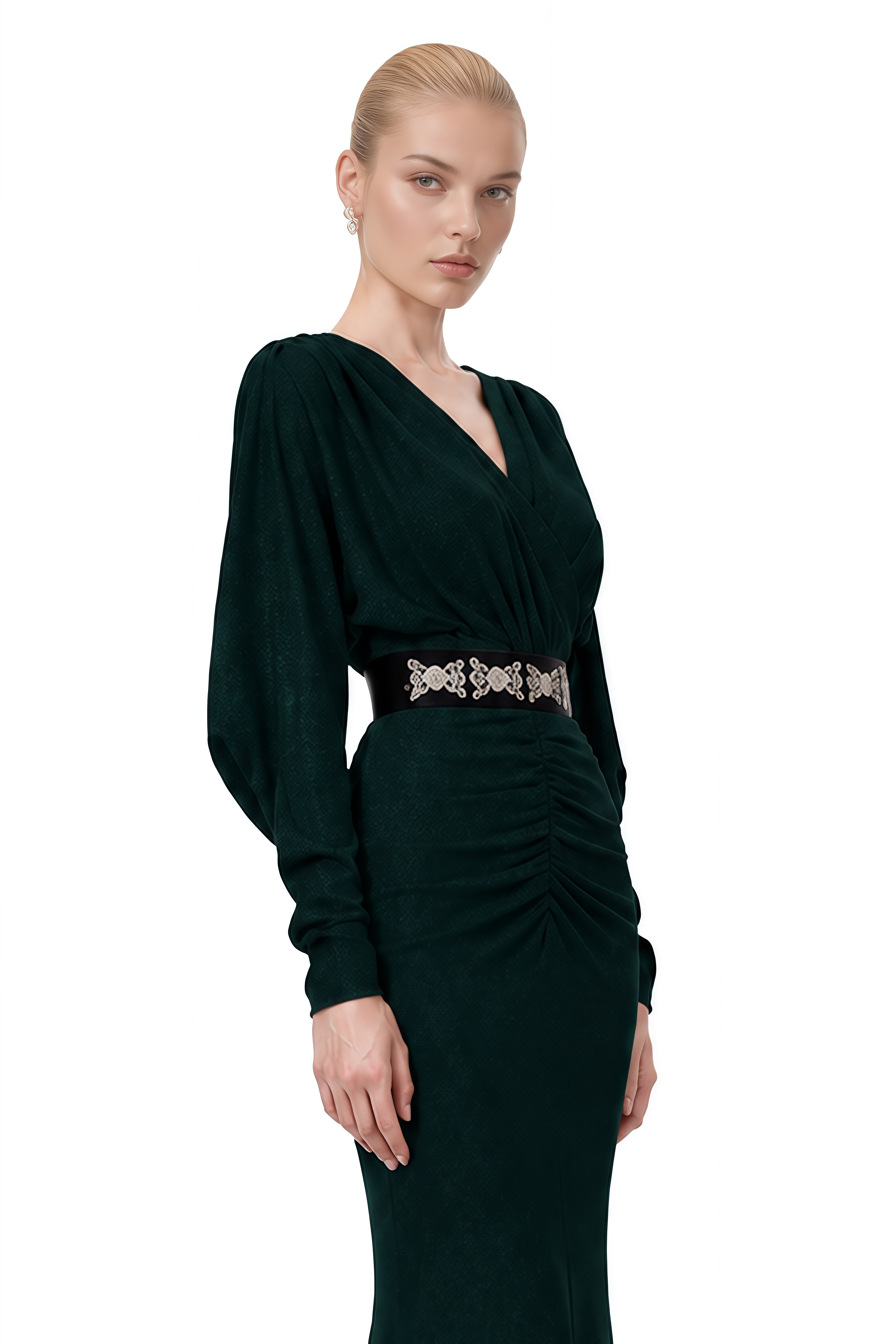 Genevieve Dark Green Long Sleeves Ruched Maxi Dress