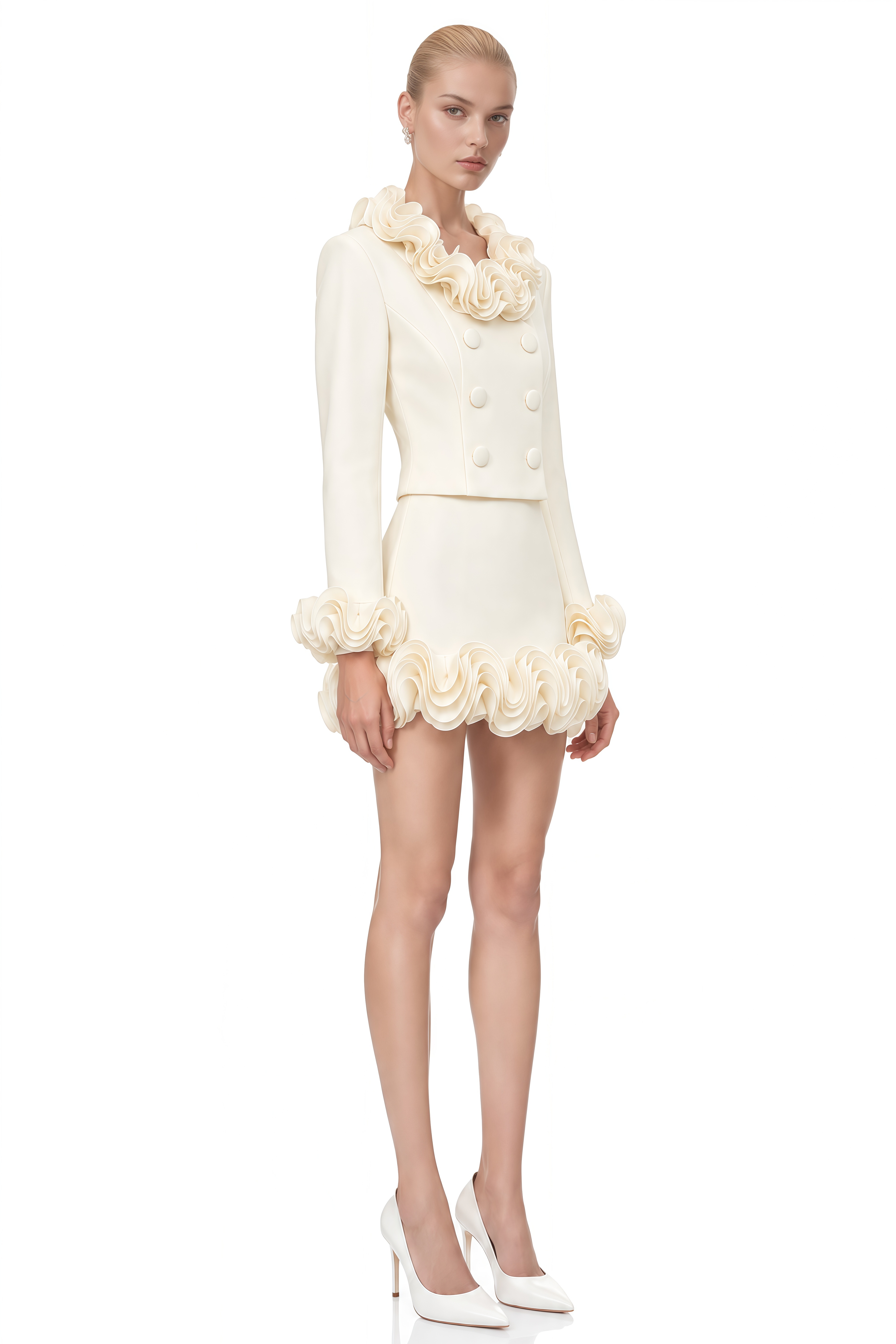 Sebastian Ivory Layered Ruffled Structured Jacket & Skirt Set