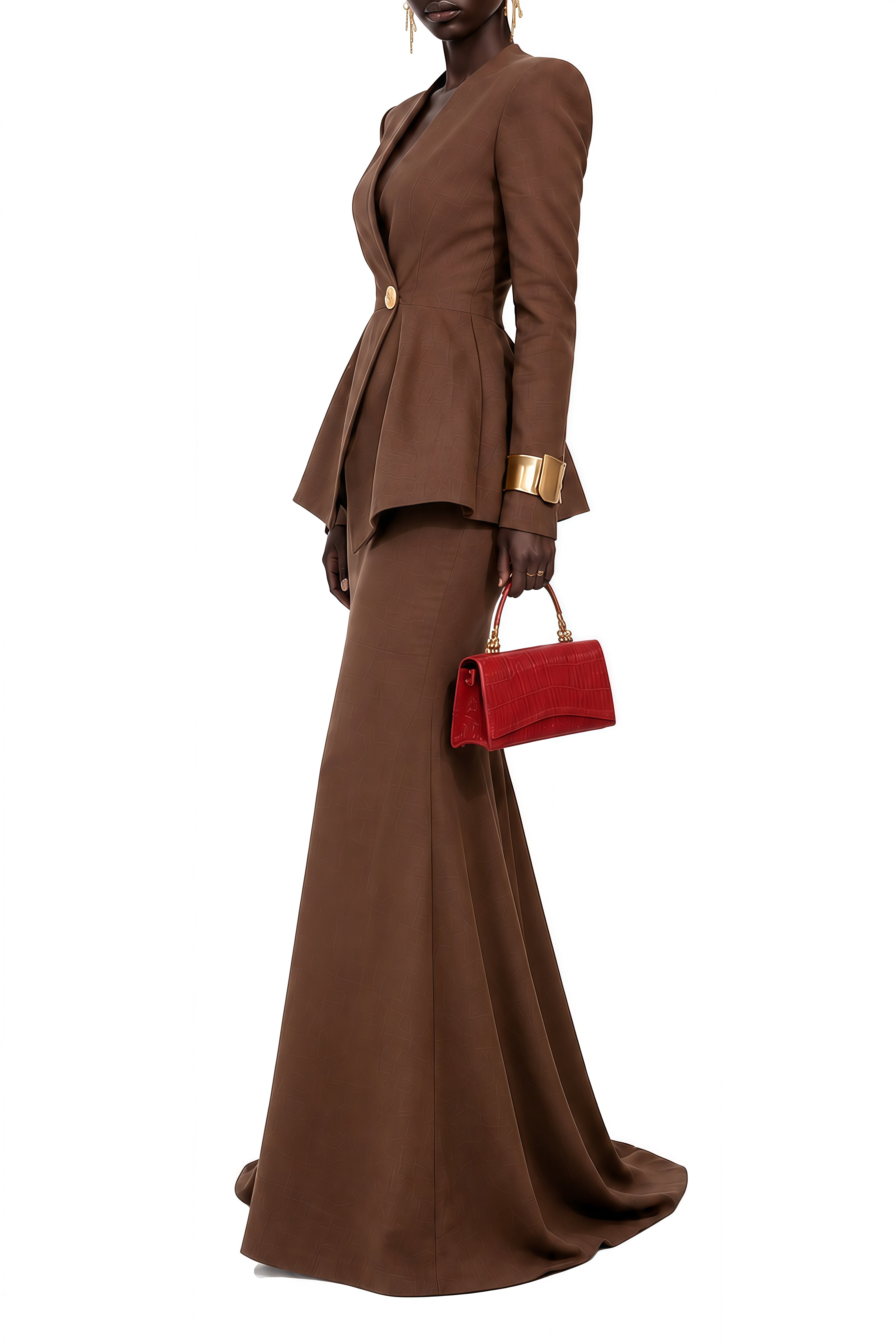 Austen Brown Long Sleeves Pleated Coat & Skirt Set
