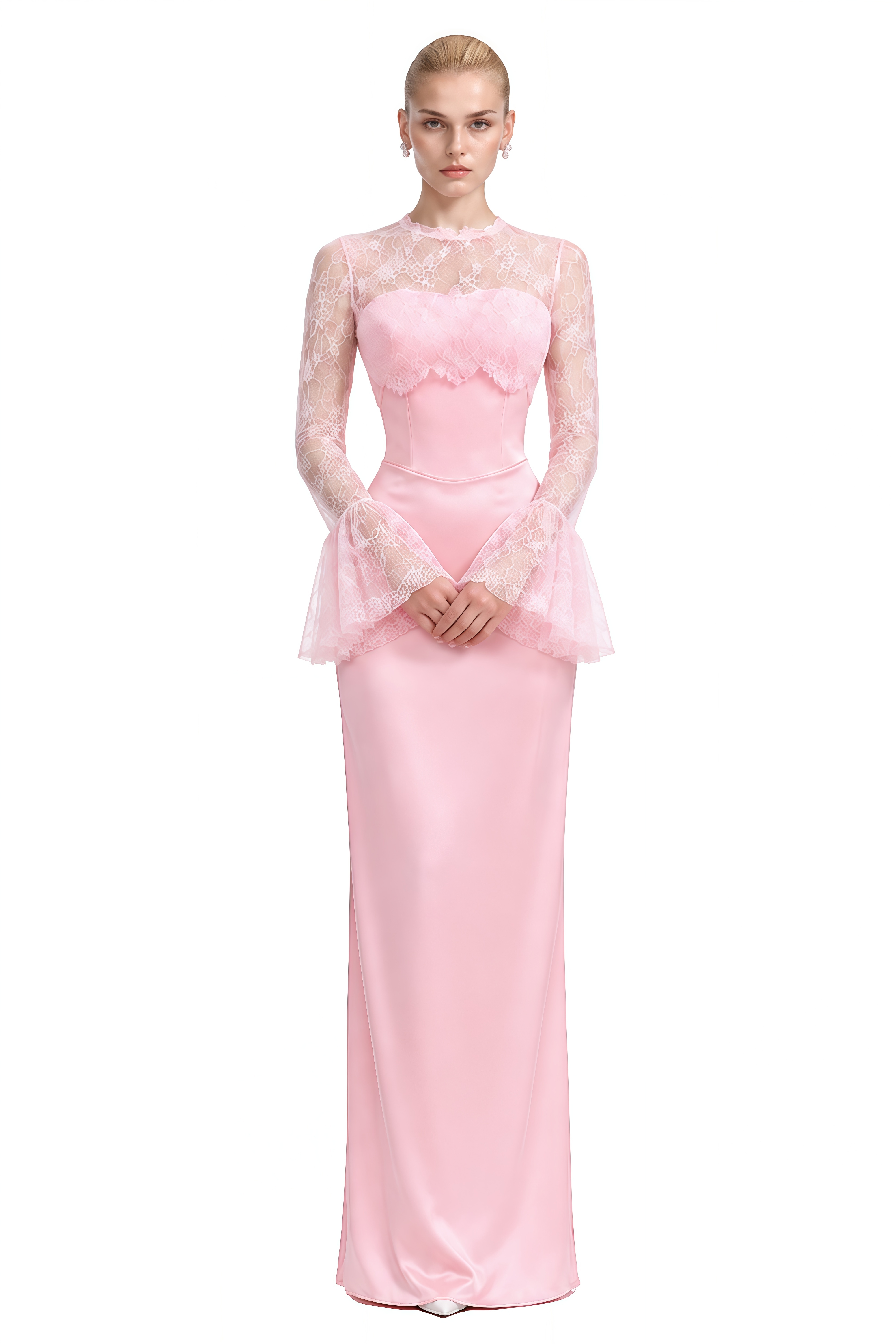 Bronte Pink Long Sleeves Lace Maxi Dress
