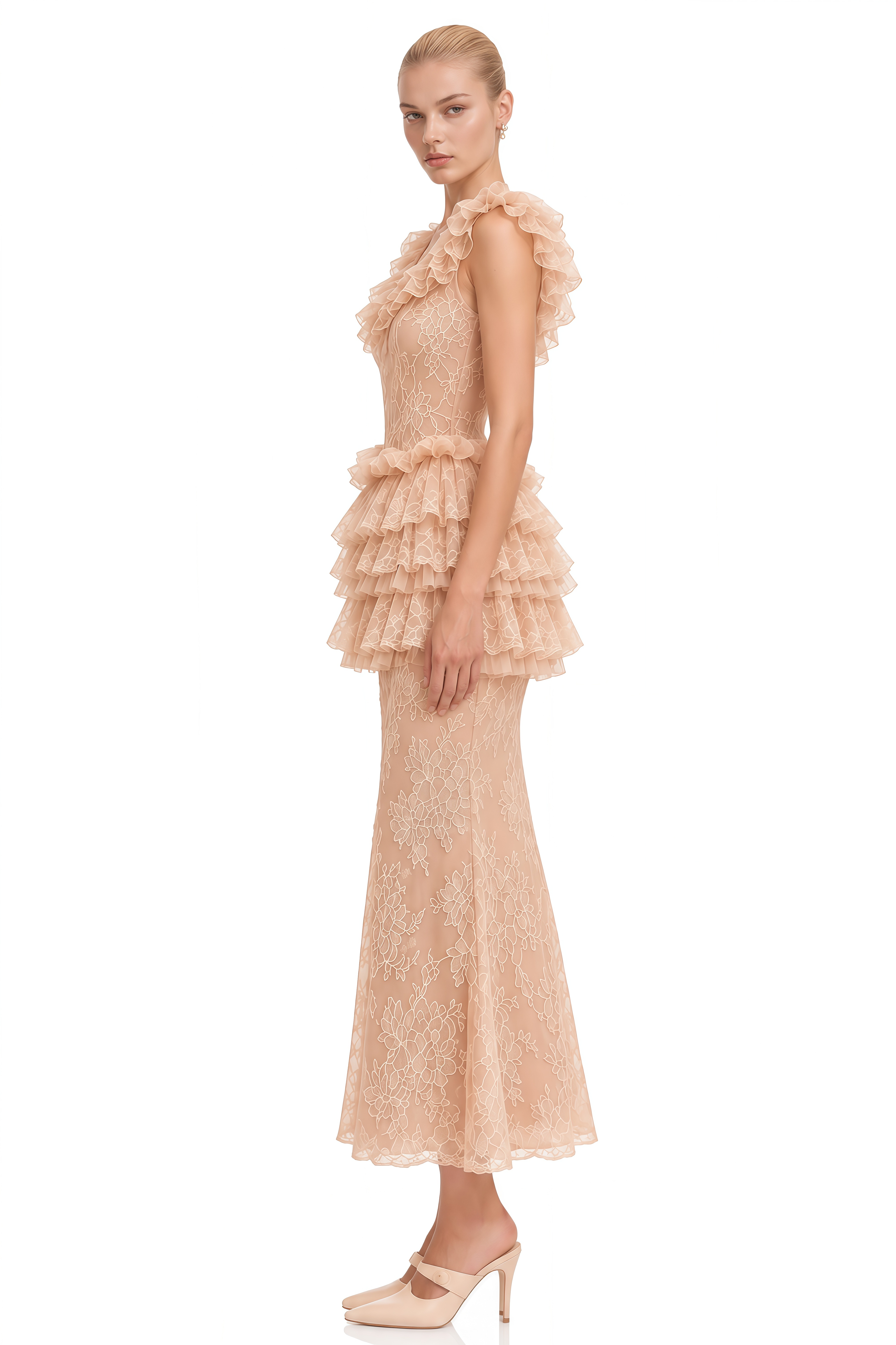 Coralie Neutral Ruffled Lace Top & Skirt Set