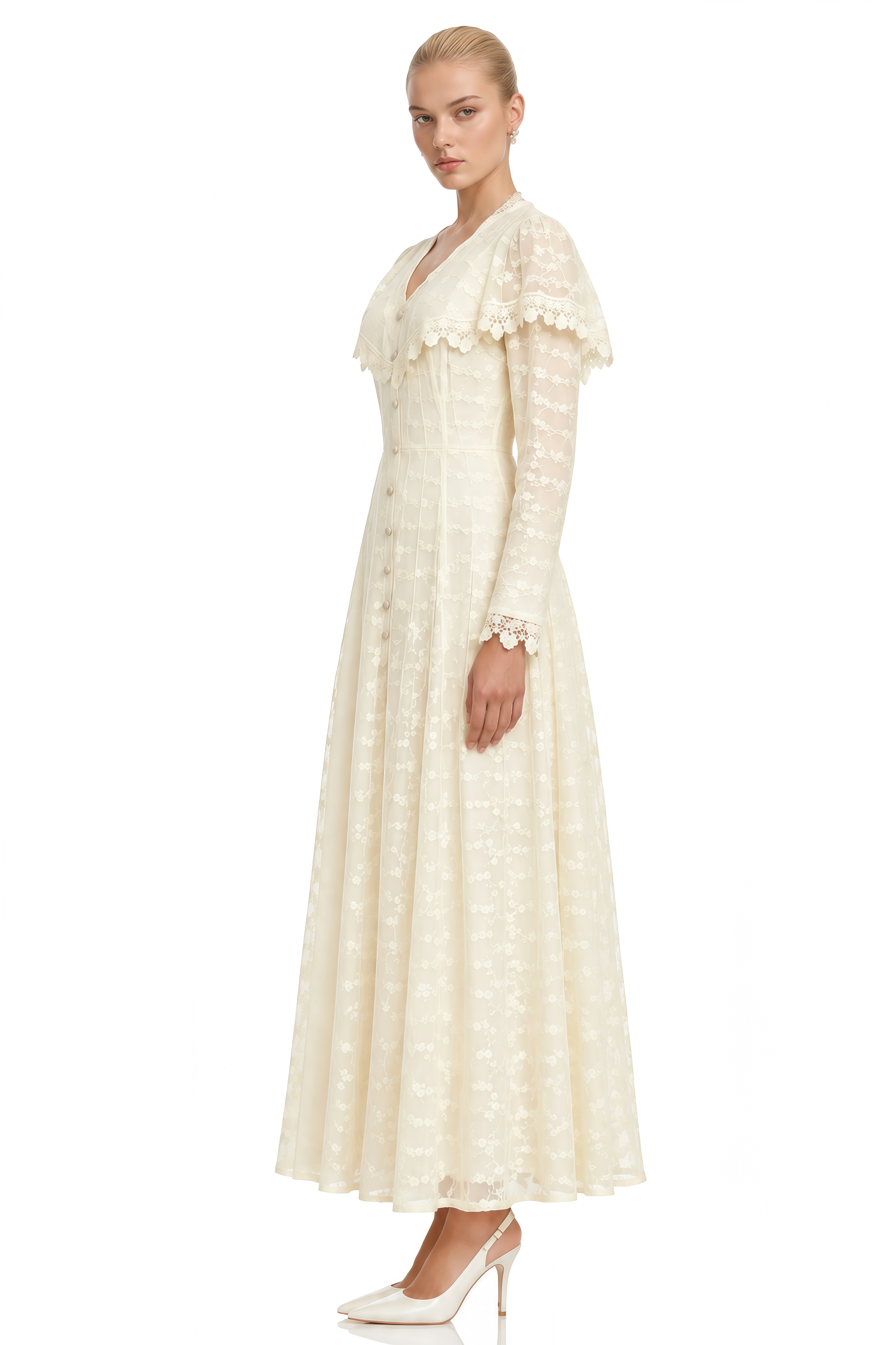 Stella Neutral Cape Design Lace Maxi Dress