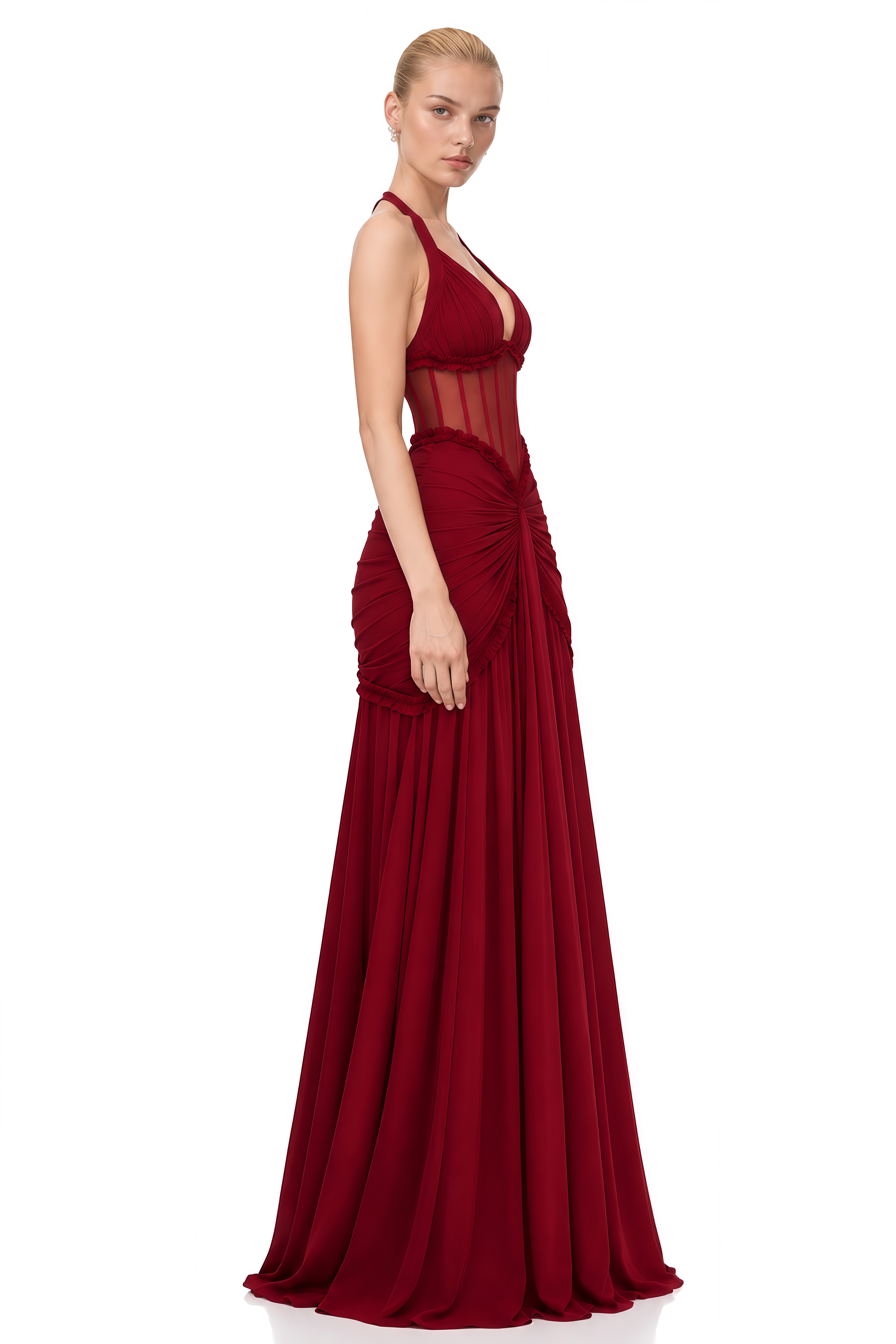Elizabeth Burgundy Halterneck Ruched Maxi Dress