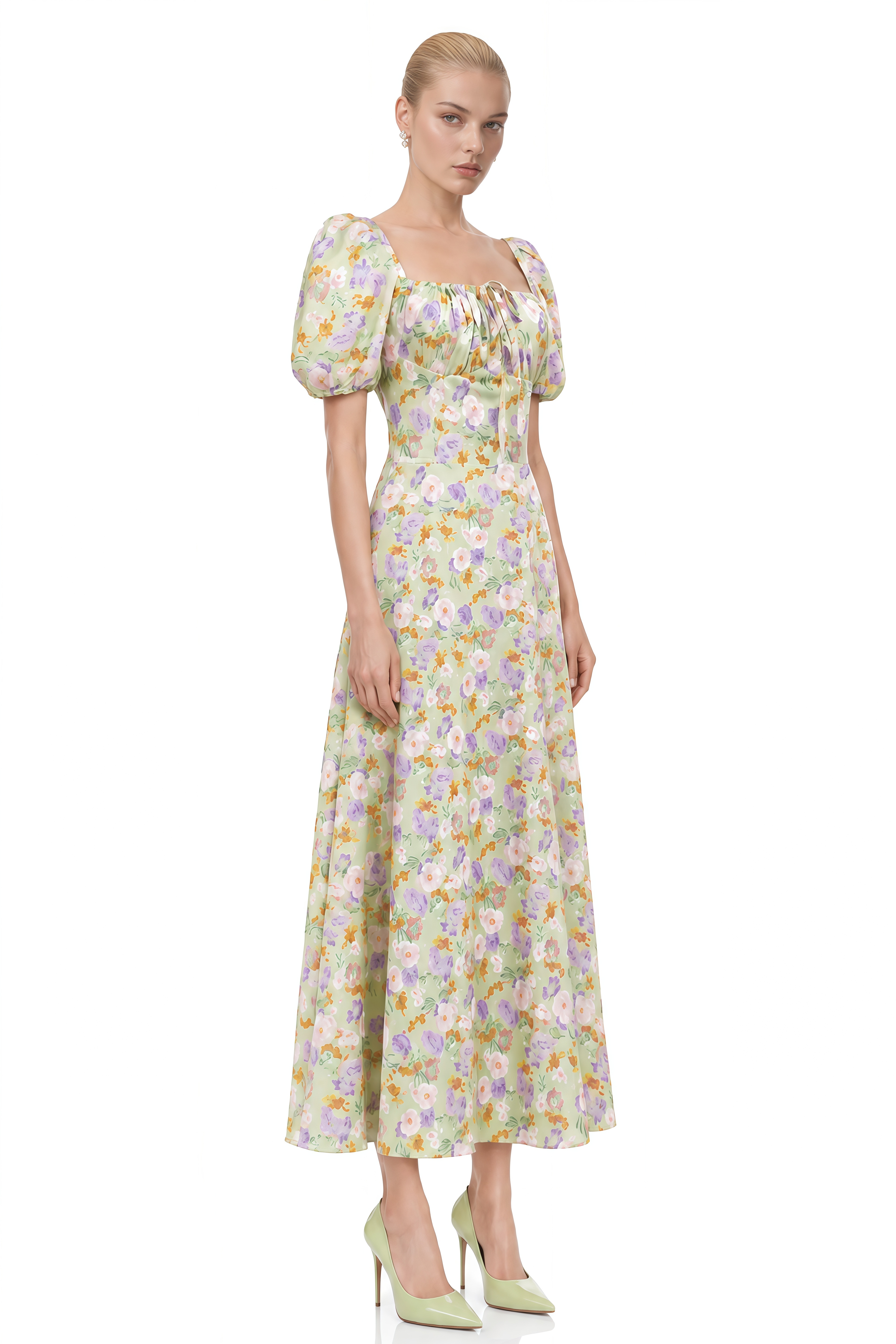 Amara Green Floral Print A-Line Midi Dress